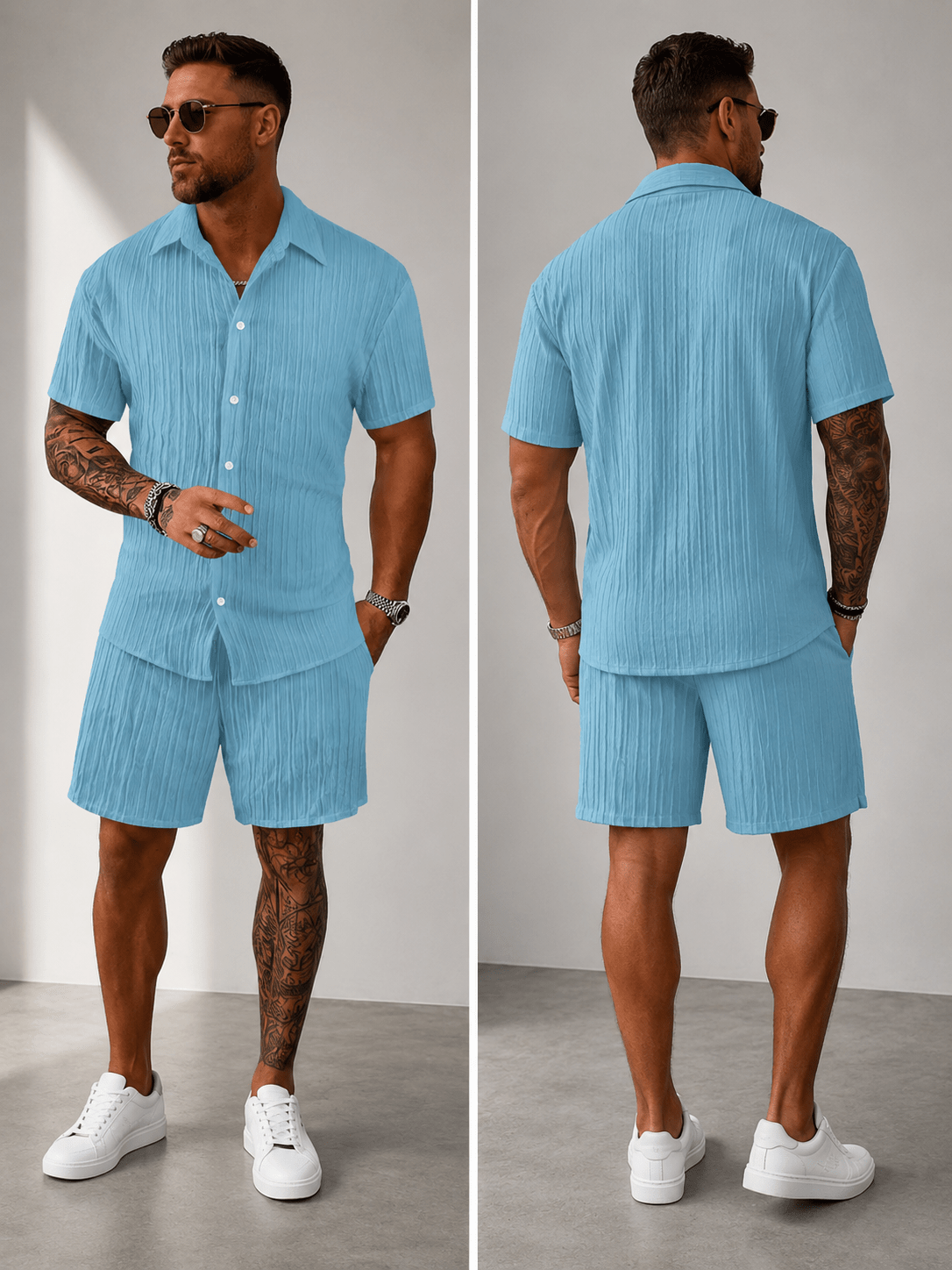 Men’s Full Size Button Down Short Sleeve Shirt and Shorts Set | CozyFits in Gray