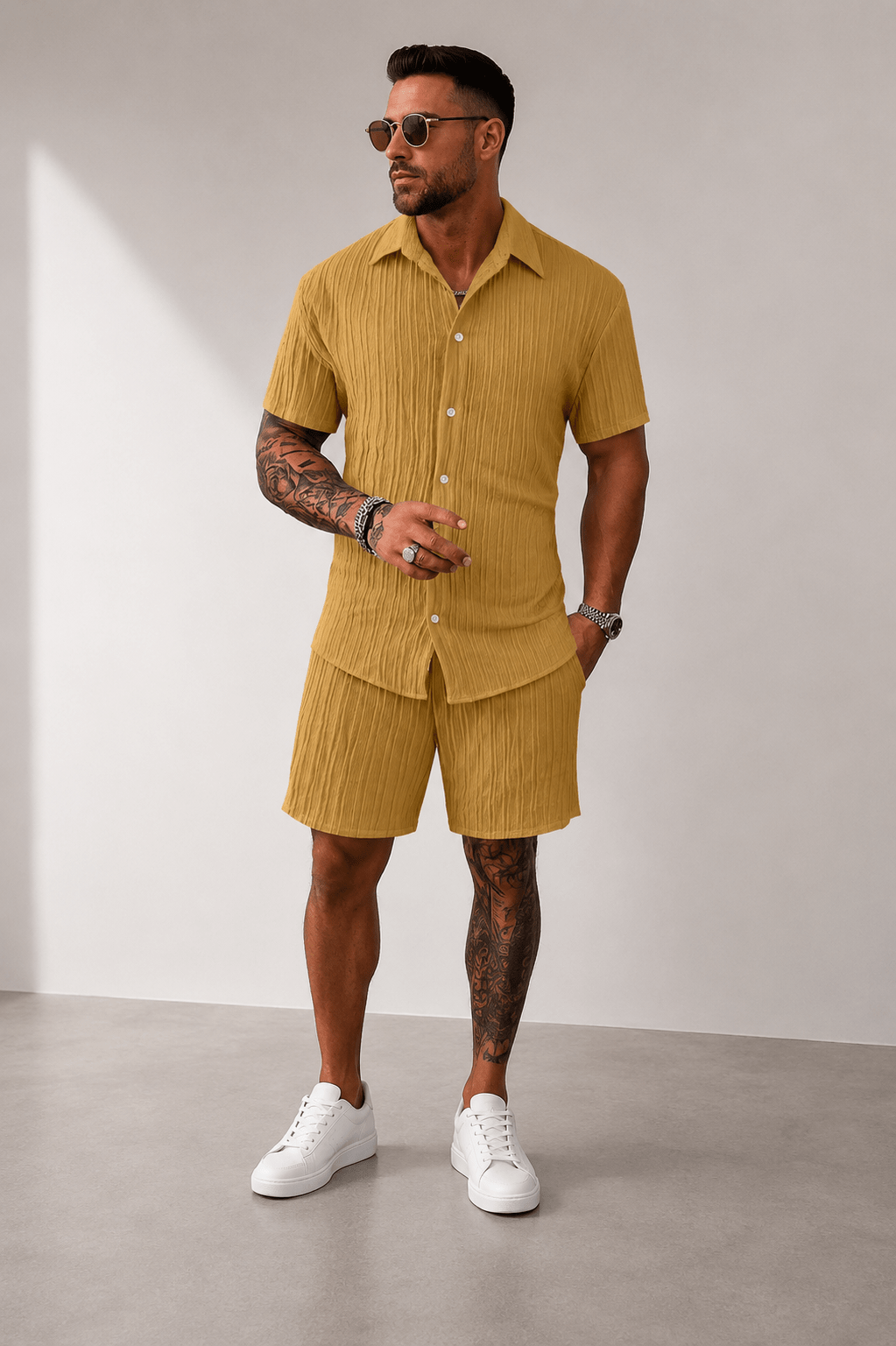 Men’s Full Size Button Down Short Sleeve Shirt and Shorts Set | CozyFits in Gray