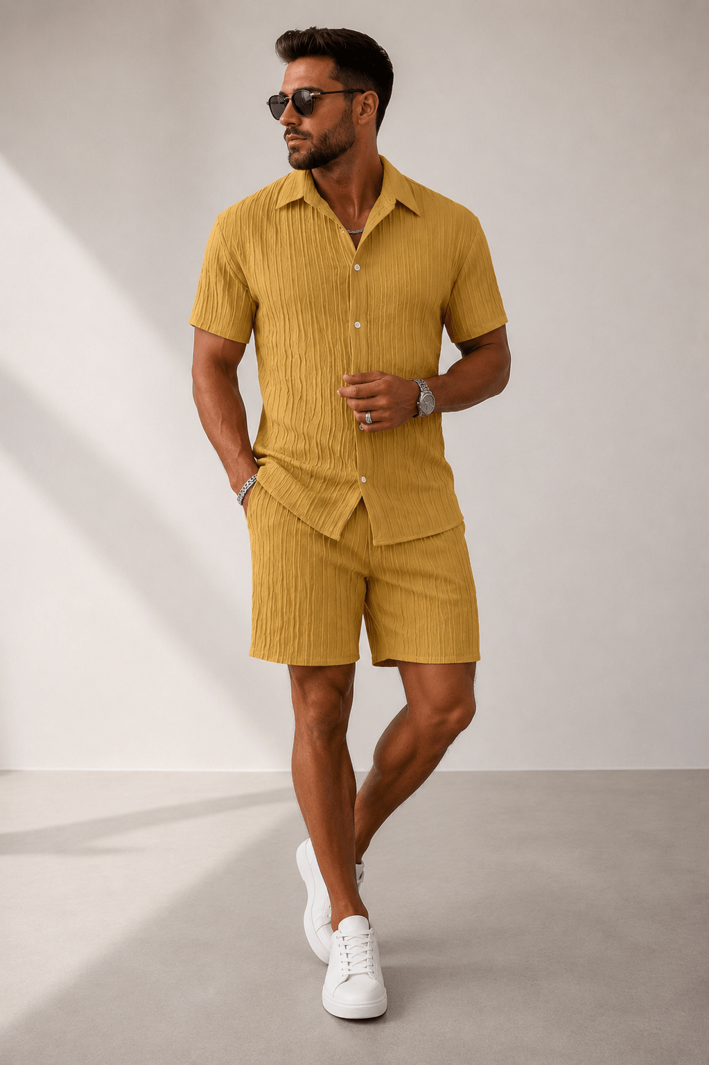 Men’s Full Size Button Down Short Sleeve Shirt and Shorts Set | CozyFits in Gray