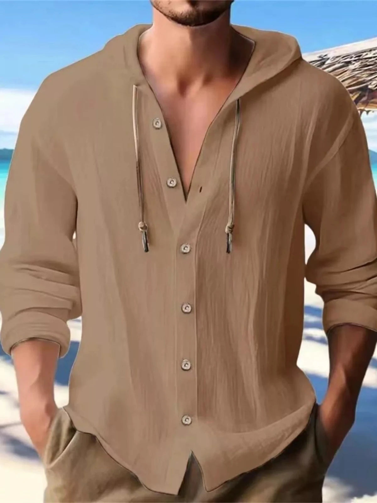 Men's Full Size Casual Button - Down Hooded Top Plus Size in Dark Brown