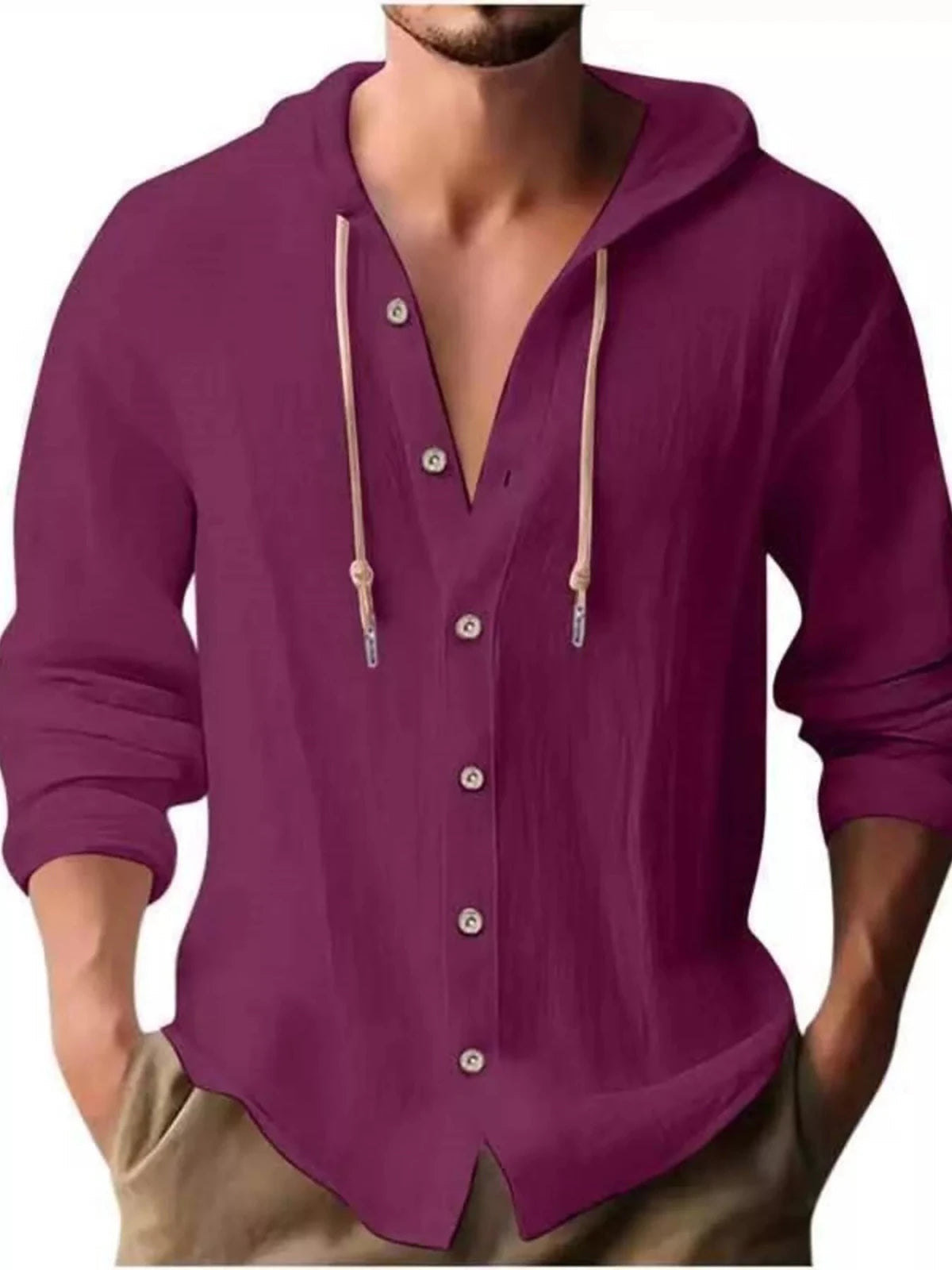 Men's Full Size Casual Button - Down Hooded Top Plus Size in Deep Purple