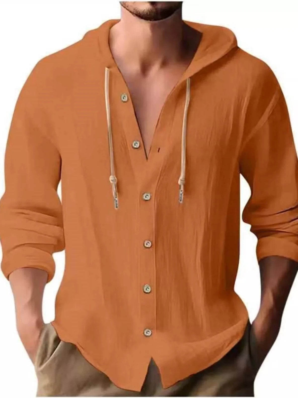 Men's Full Size Casual Button - Down Hooded Top Plus Size in Orange