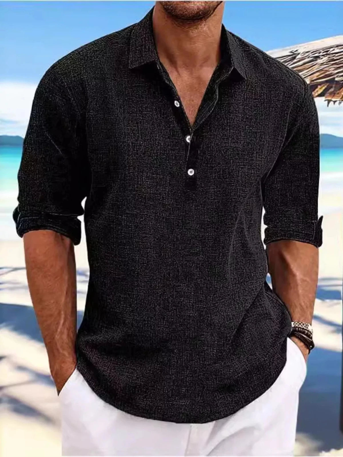 Men's Full Size Casual Half Button Shirt Plus Size in Black