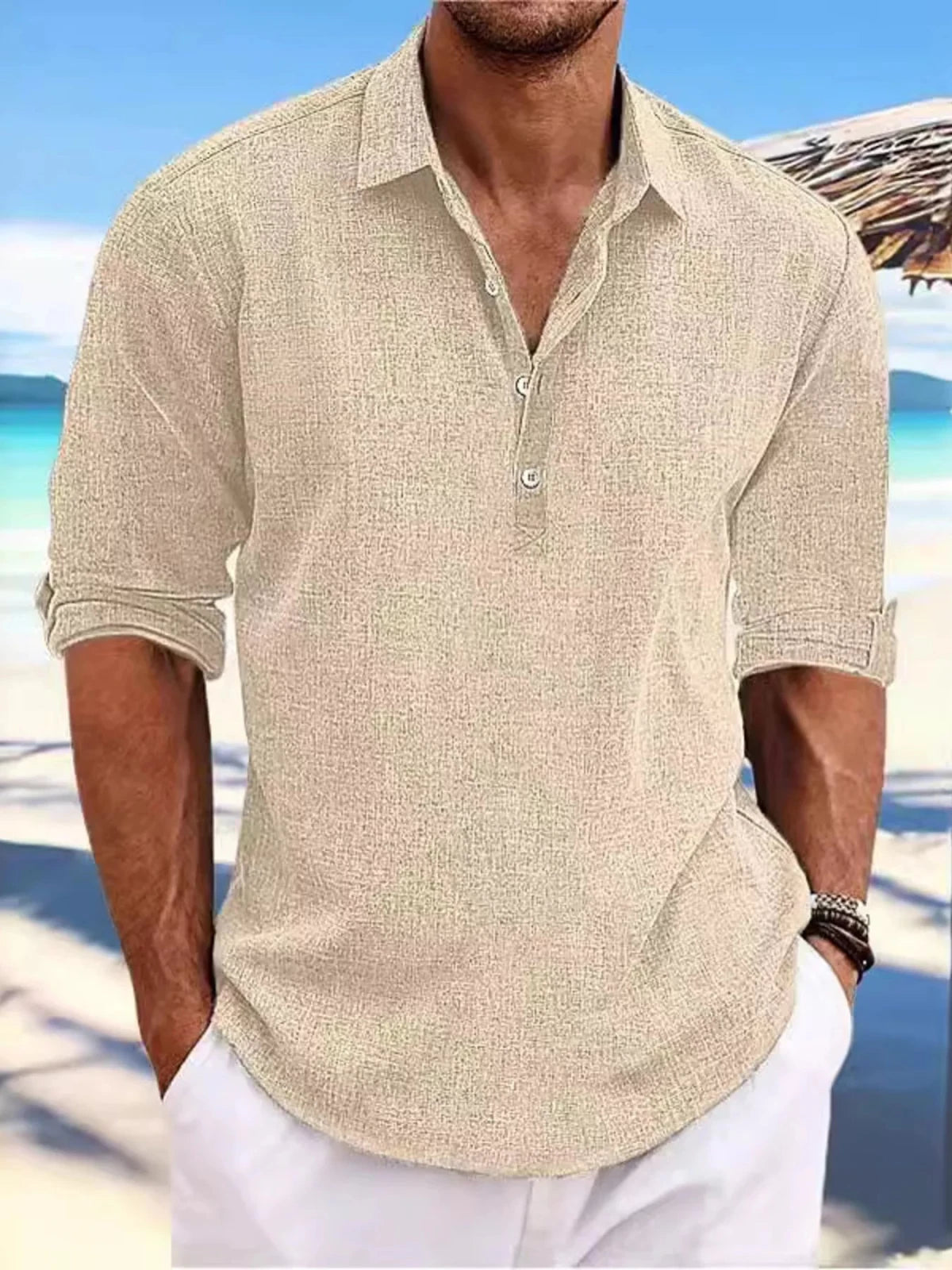 Men's Full Size Casual Half Button Shirt Plus Size in Khaki