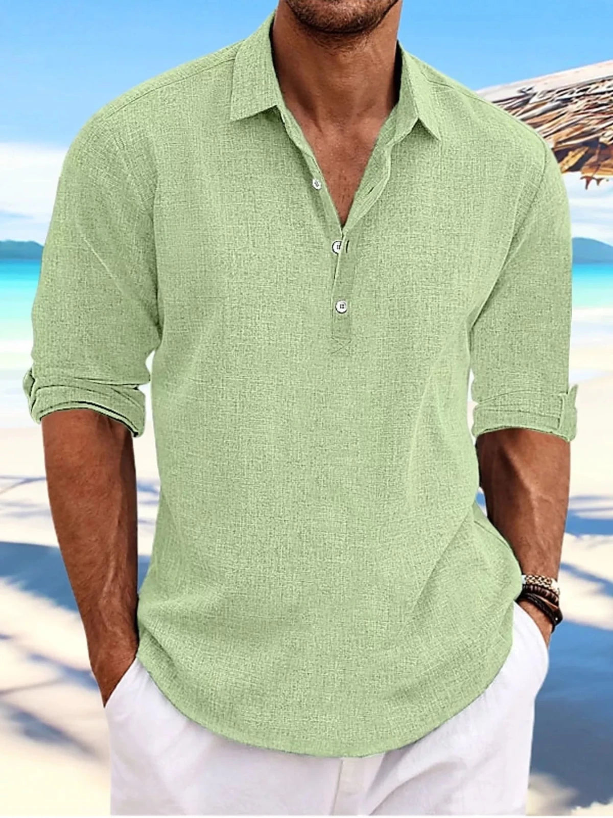Men's Full Size Casual Half Button Shirt Plus Size in Light Green