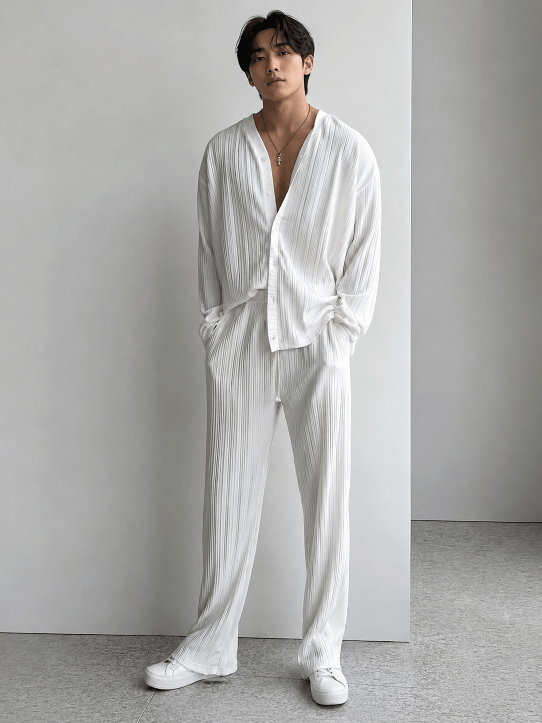 Men’s Full Size Textured Button Up Shirt and Pants Set | CozyFits in White