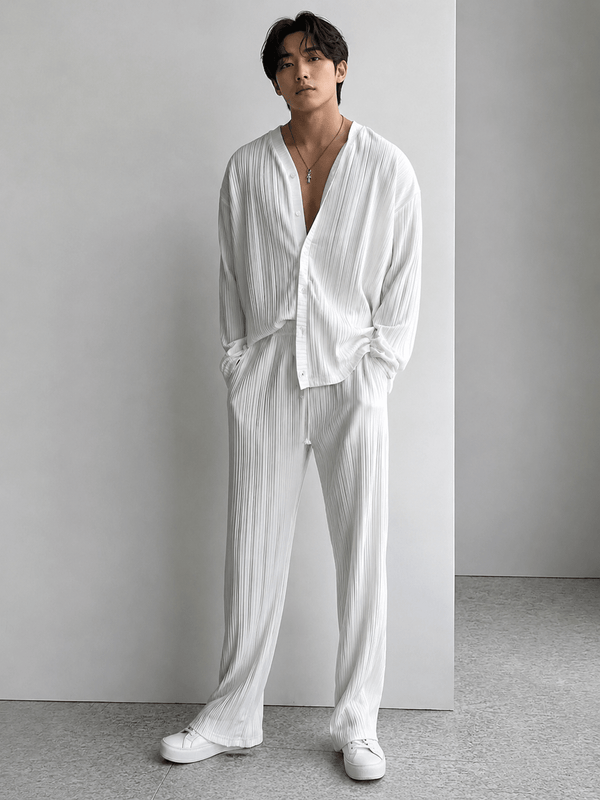 Men’s Full Size Textured Button Up Shirt and Pants Set | CozyFits in White