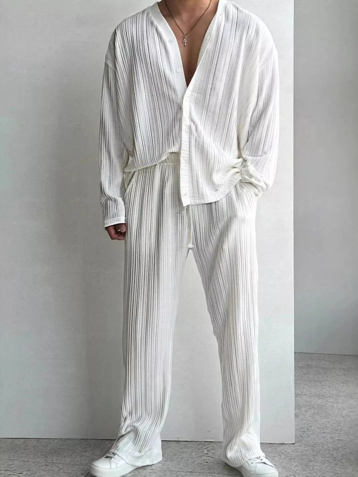 Men’s Full Size Textured Button Up Shirt and Pants Set | CozyFits in White