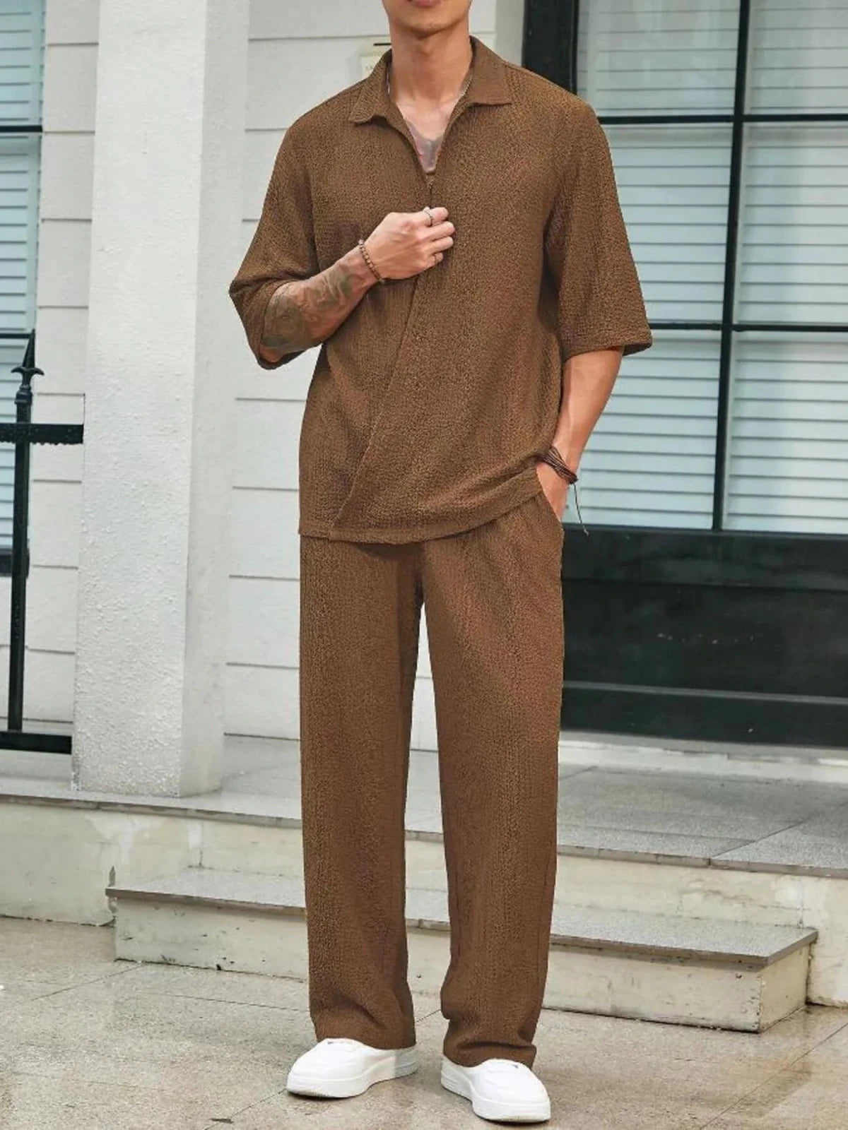 Men’s Half Sleeve Top and Pants Set | CozyFits in Caramel Color