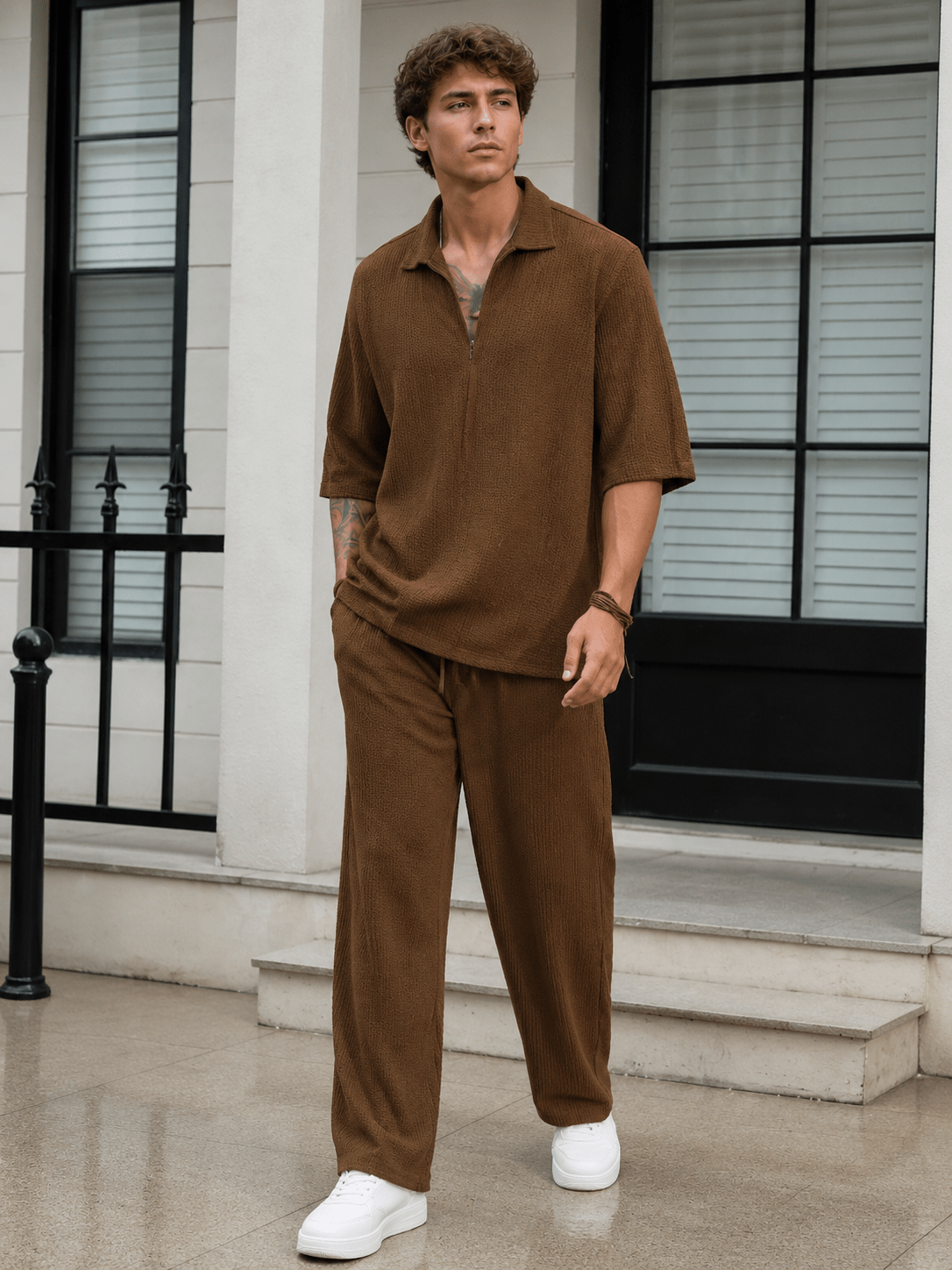 Men’s Half Sleeve Top and Pants Set | CozyFits in Khaki