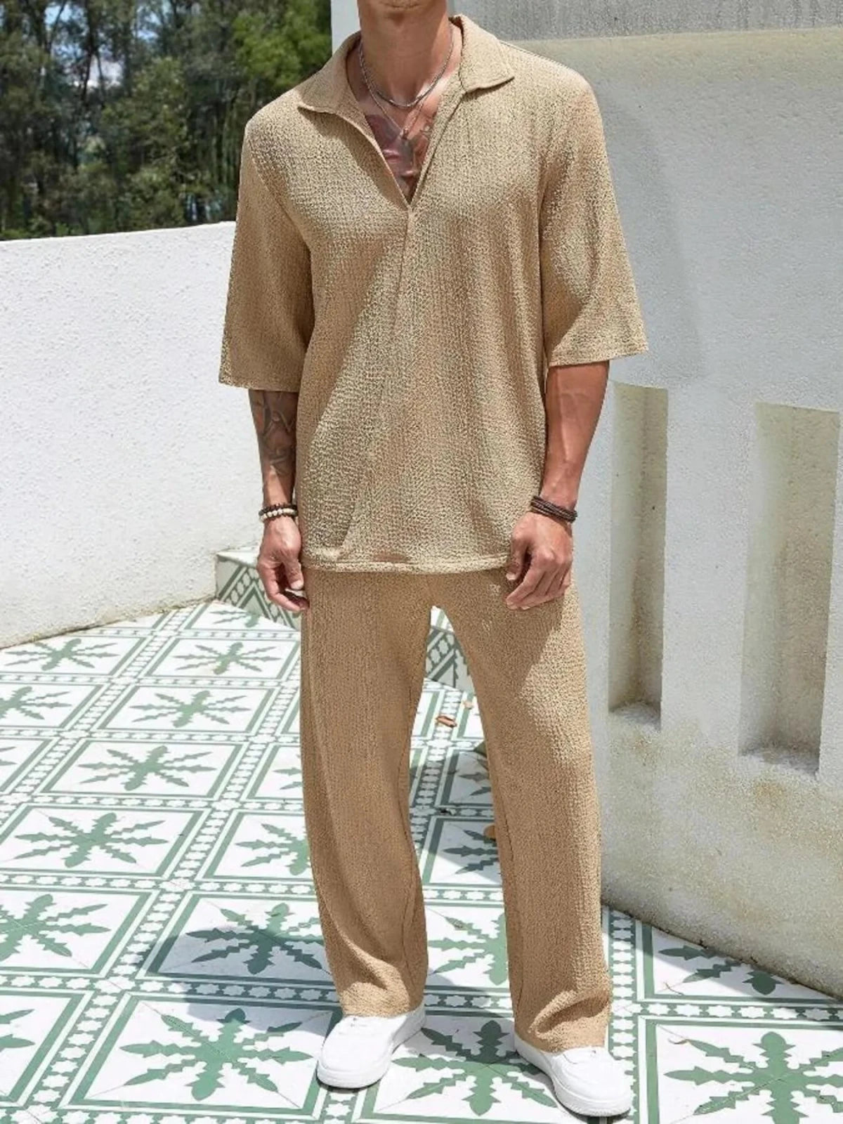Men’s Half Sleeve Top and Pants Set | CozyFits in Khaki