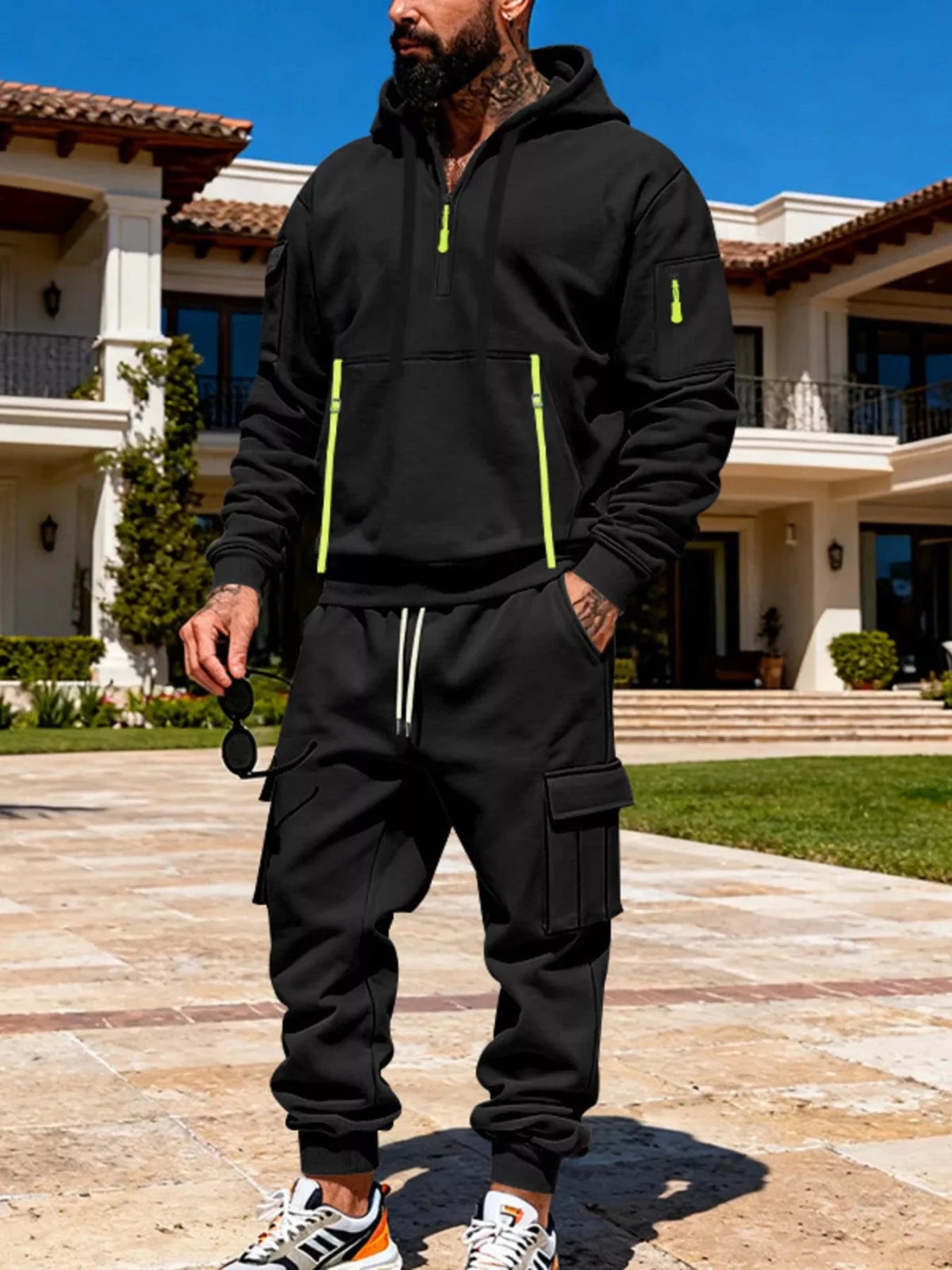 Men’s Half Zip Hoodie and Cargo Pants Set | CozyFits in Black