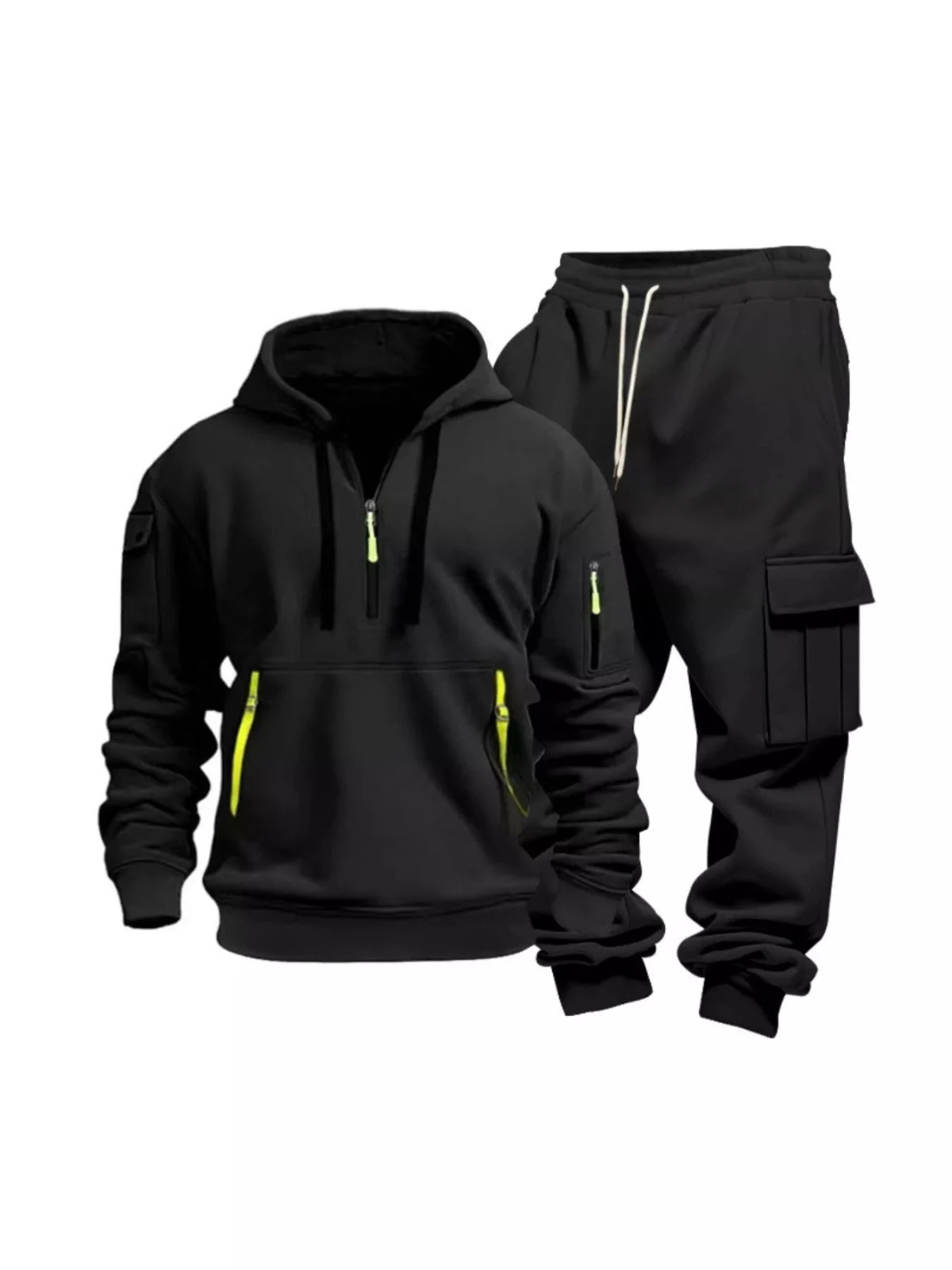 Men’s Half Zip Hoodie and Cargo Pants Set | CozyFits in Black