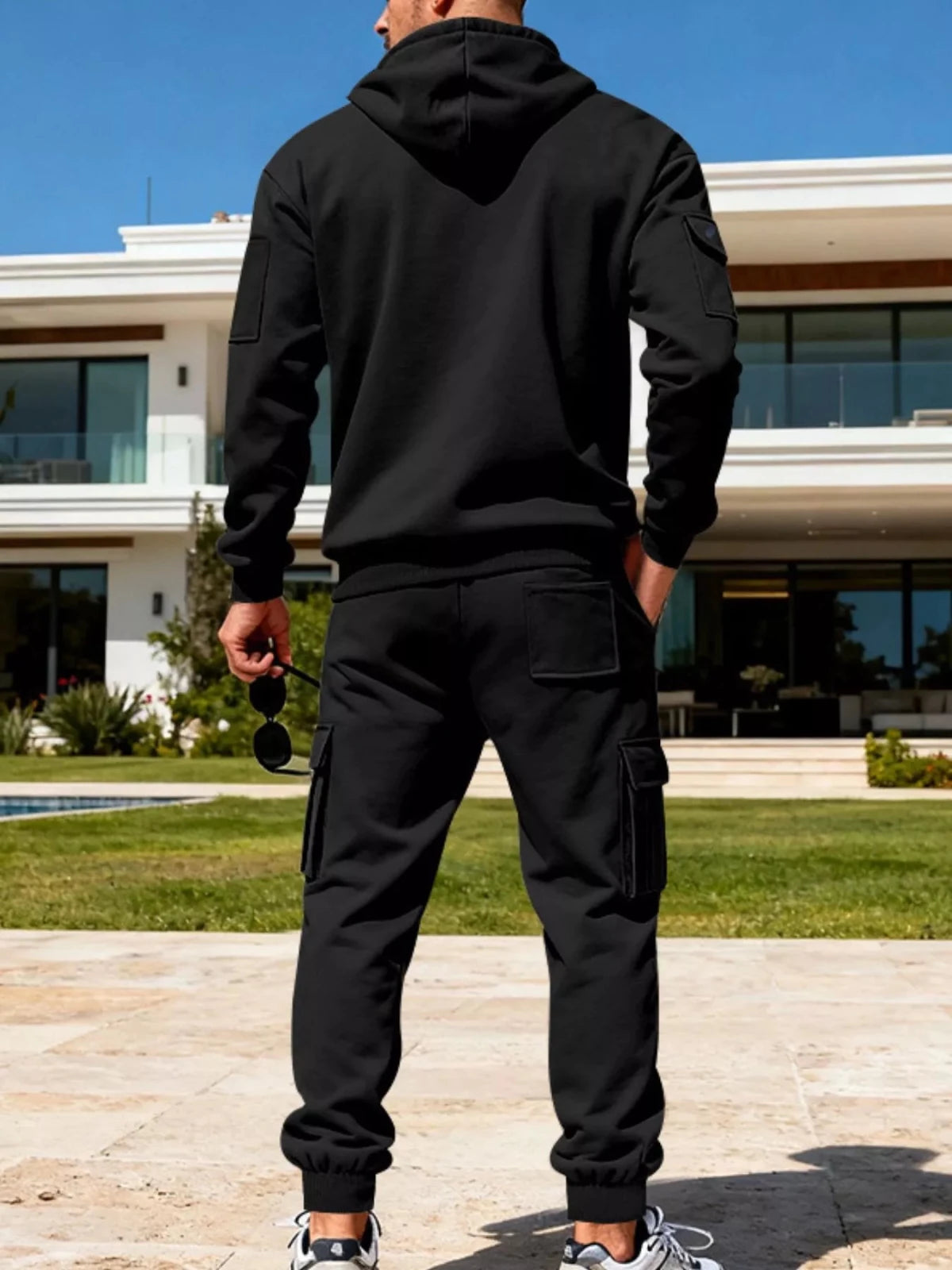Men’s Half Zip Hoodie and Cargo Pants Set | CozyFits in Black