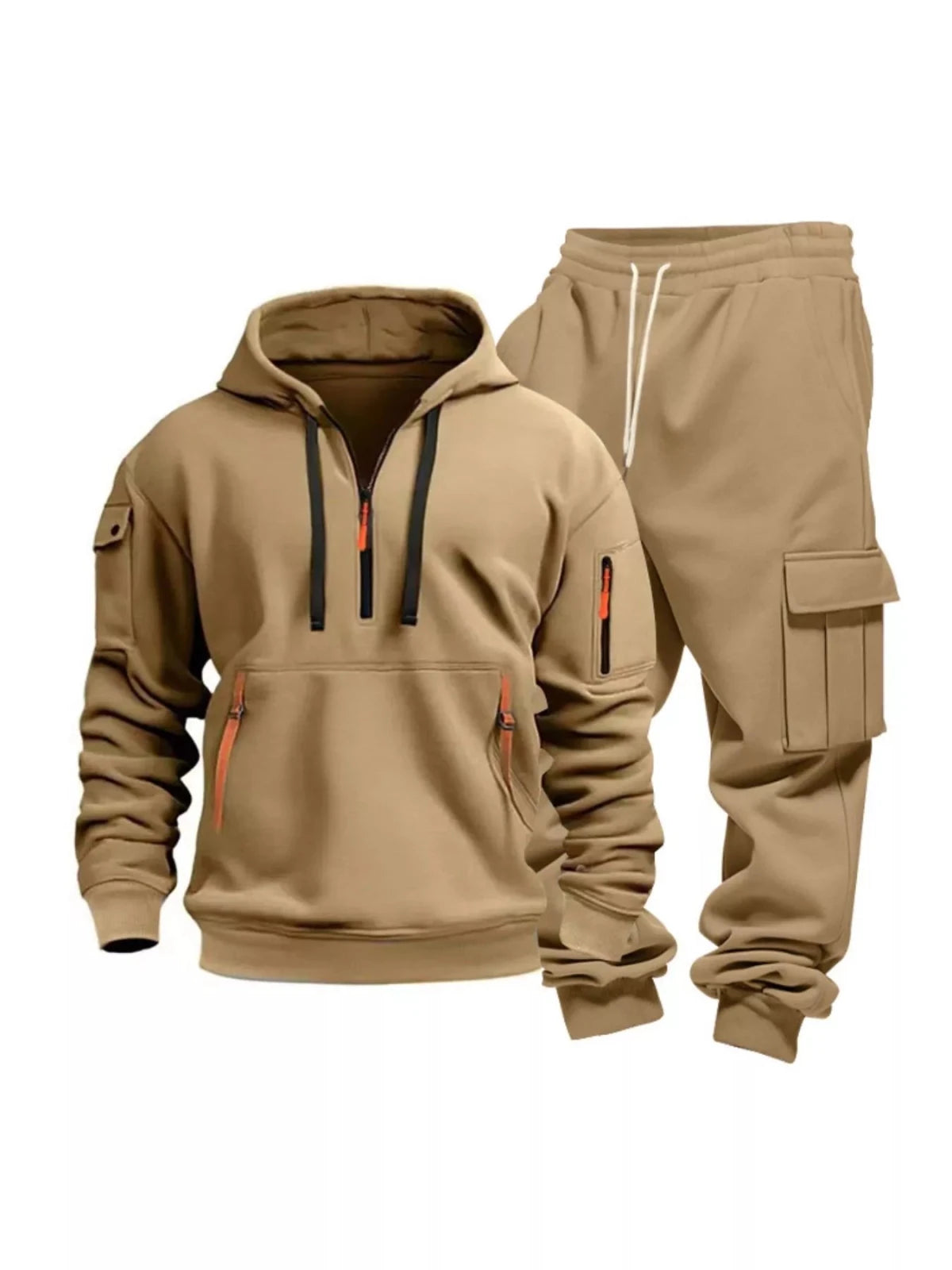 Men’s Half Zip Hoodie and Cargo Pants Set | CozyFits in Camel