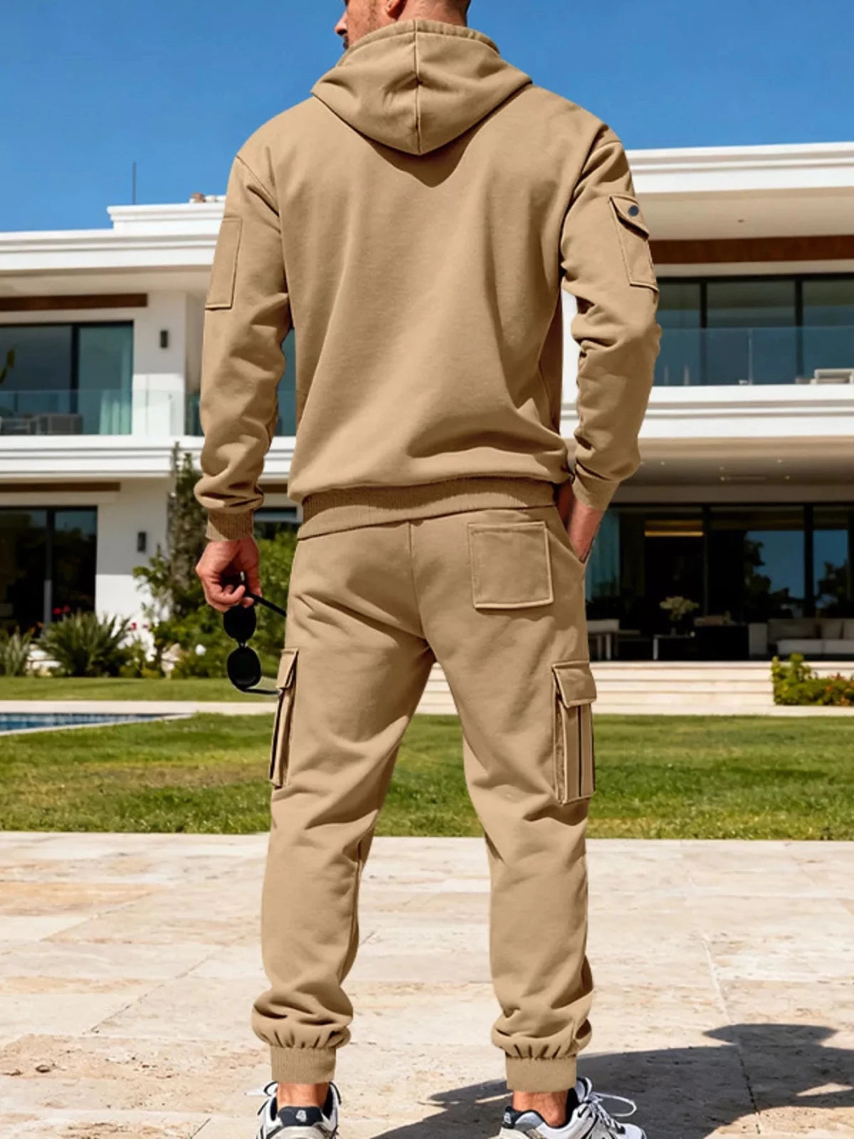 Men’s Half Zip Hoodie and Cargo Pants Set | CozyFits in Camel