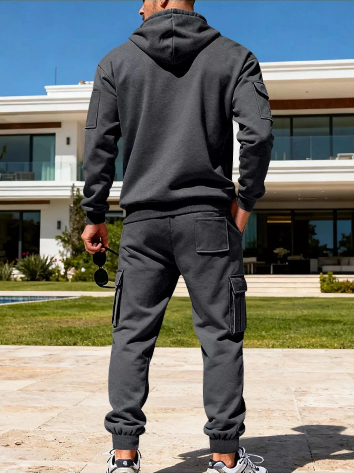 Men’s Half Zip Hoodie and Cargo Pants Set | CozyFits in Dark Gray