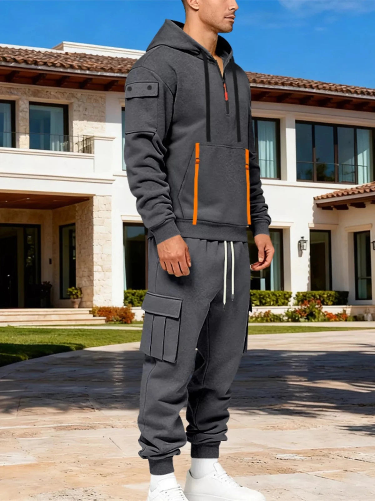 Men’s Half Zip Hoodie and Cargo Pants Set | CozyFits in Dark Gray