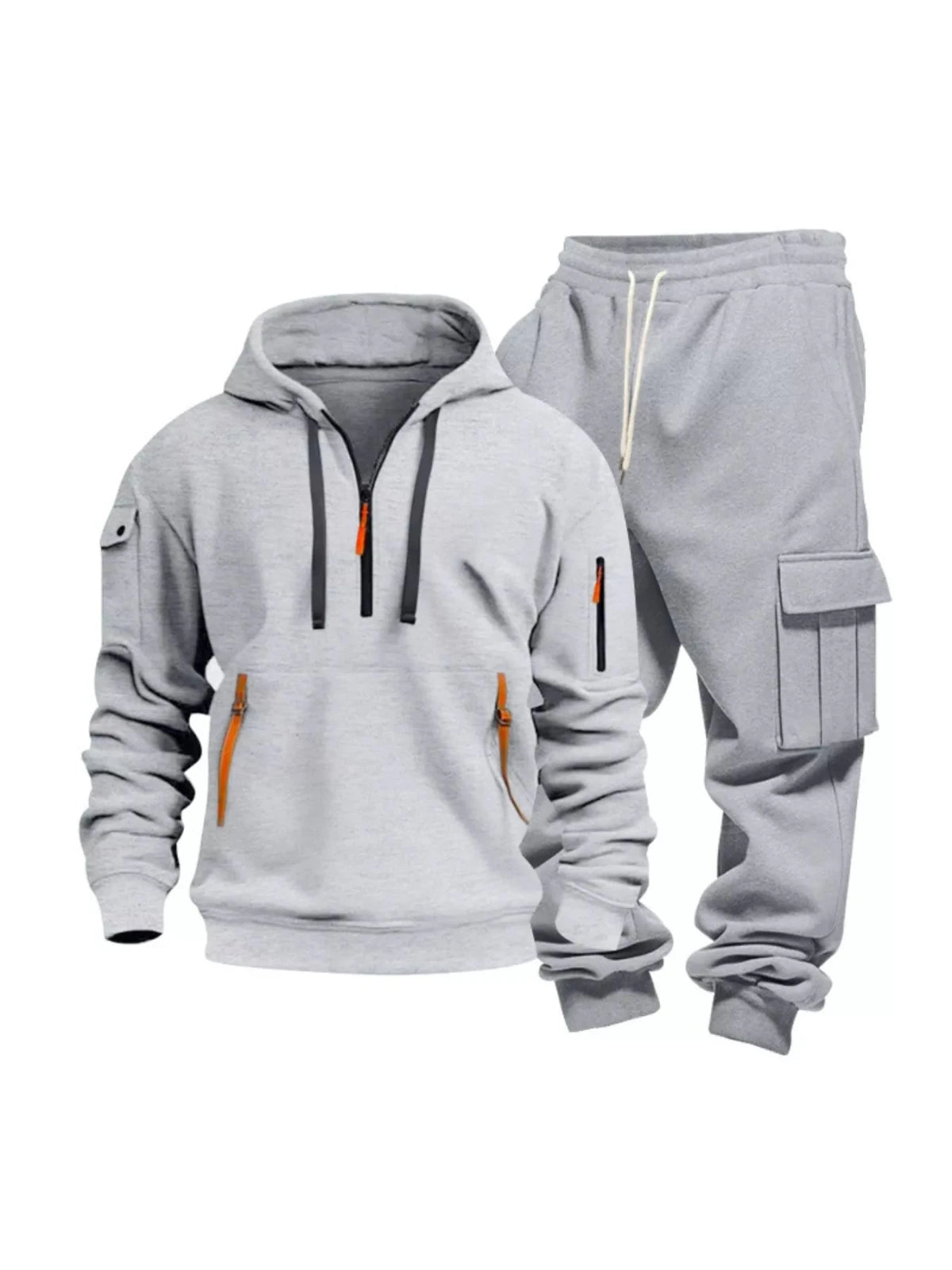 Men’s Half Zip Hoodie and Cargo Pants Set | CozyFits in Light Gray
