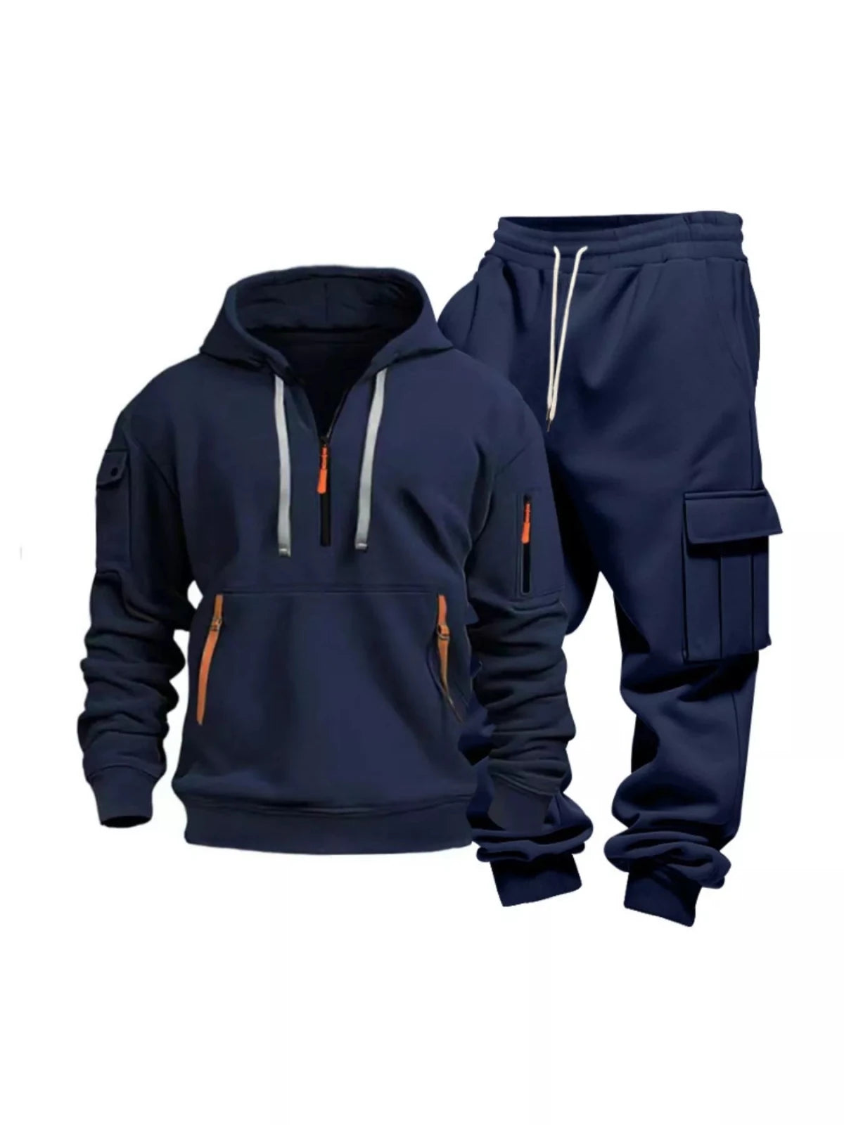 Men’s Half Zip Hoodie and Cargo Pants Set | CozyFits in Navy Blue
