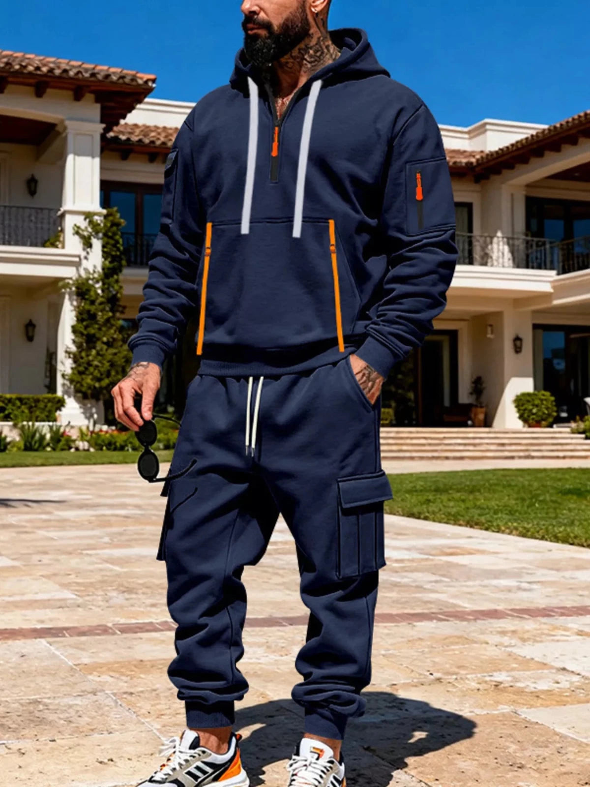 Men’s Half Zip Hoodie and Cargo Pants Set | CozyFits in Navy Blue
