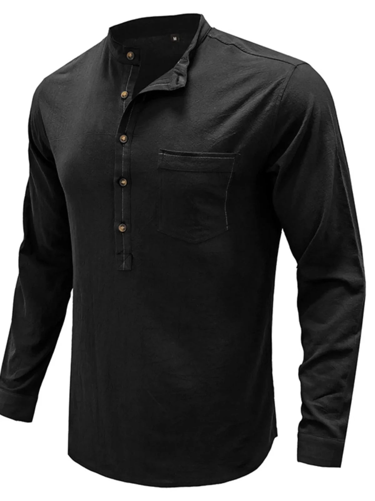 Men's Linen Cotton Long Sleeve Polo Shirt | Button Detail | CozyFits in Black