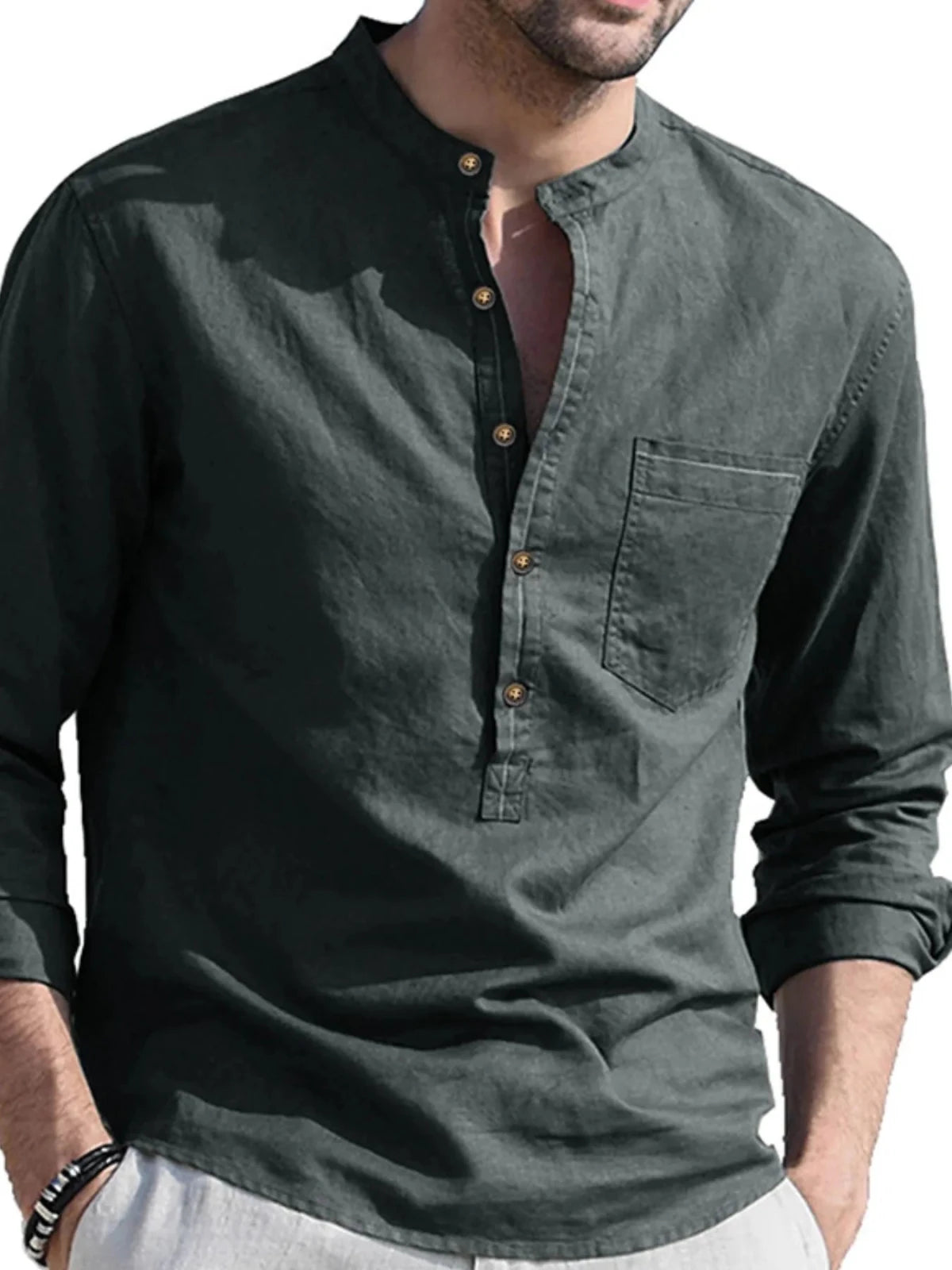 Men's Linen Cotton Long Sleeve Polo Shirt | Button Detail | CozyFits in Dark Gray