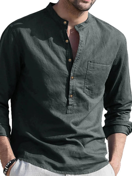 Men's Linen Cotton Long Sleeve Polo Shirt | Button Detail | CozyFits in Dark Gray