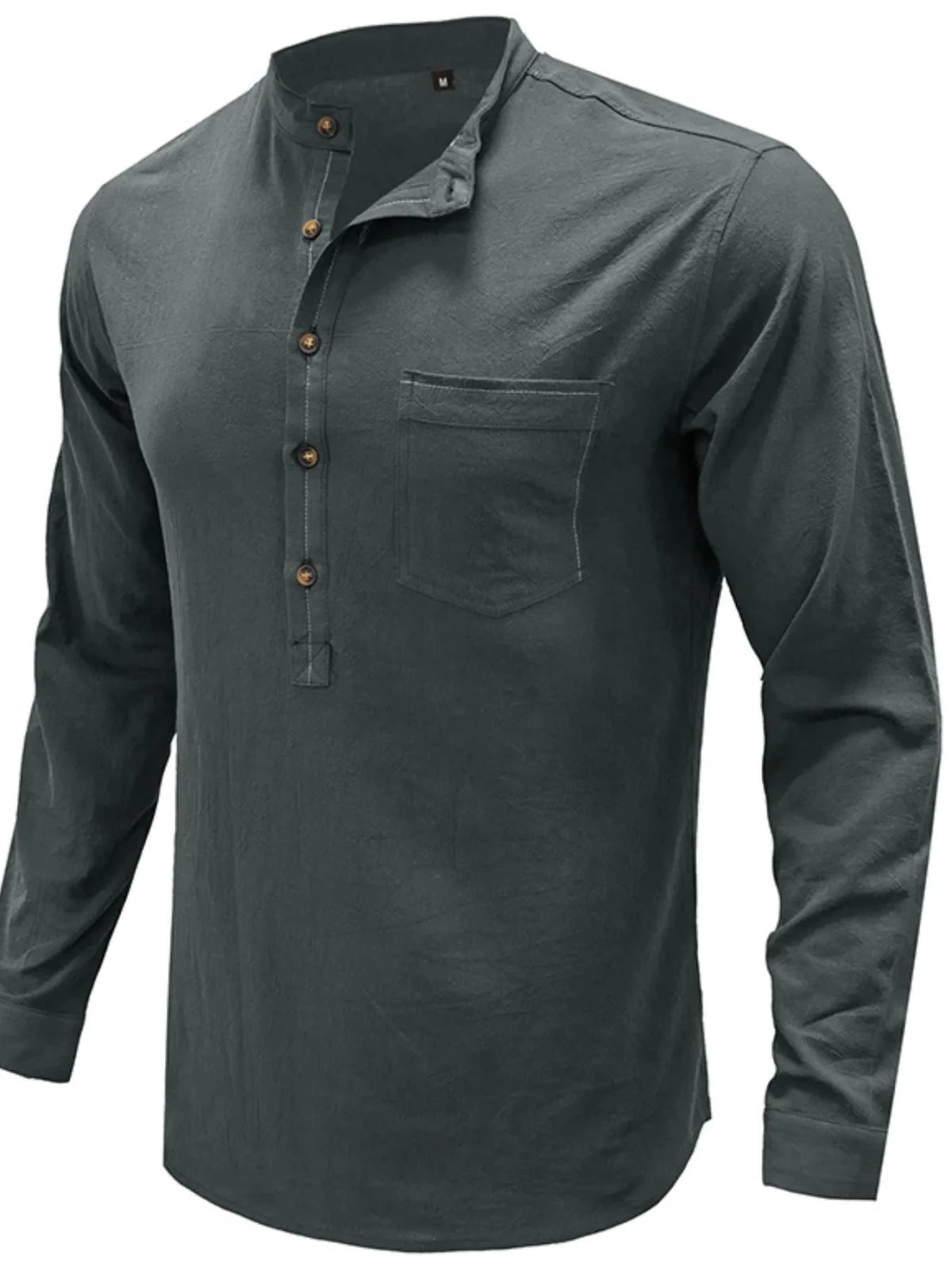 Men's Linen Cotton Long Sleeve Polo Shirt | Button Detail | CozyFits in Dark Gray
