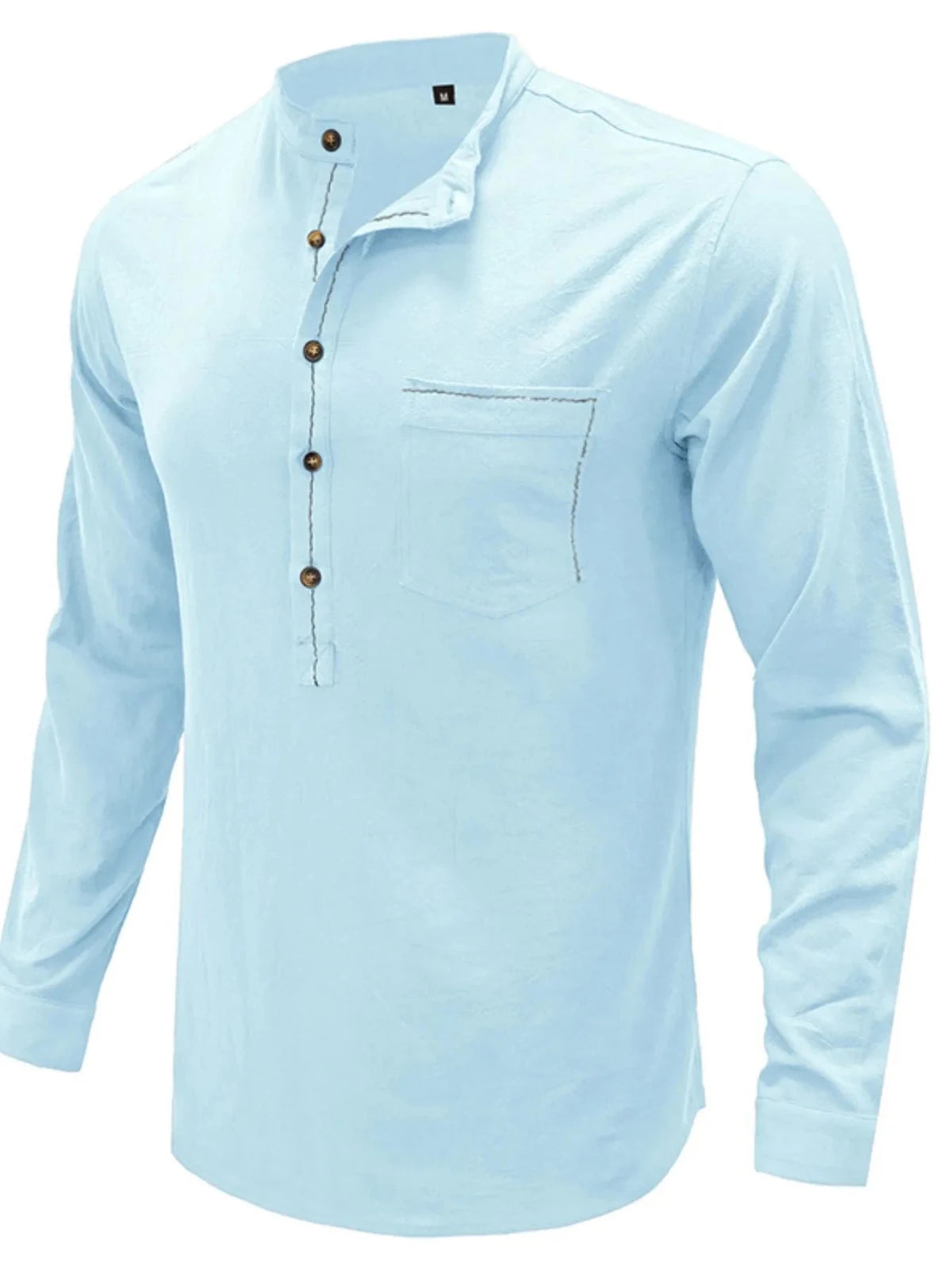 Men's Linen Cotton Long Sleeve Polo Shirt | Button Detail | CozyFits in Light Blue