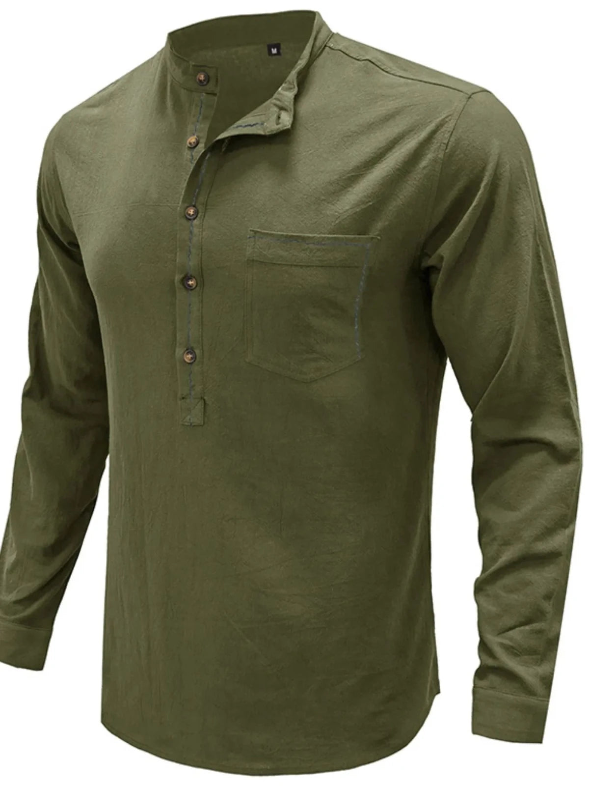 Men's Linen Cotton Long Sleeve Polo Shirt | Button Detail | CozyFits in Moss