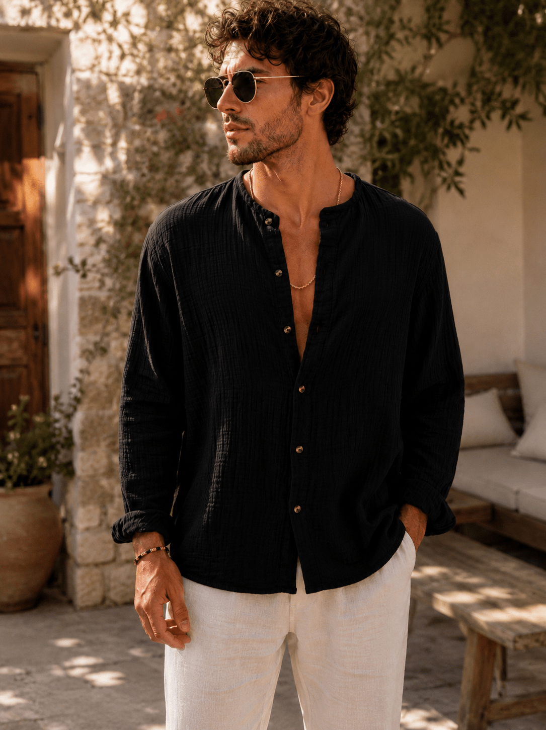 Men's Linen Cotton Long Sleeve Polo Shirt | Button Detail | CozyFits in Orange