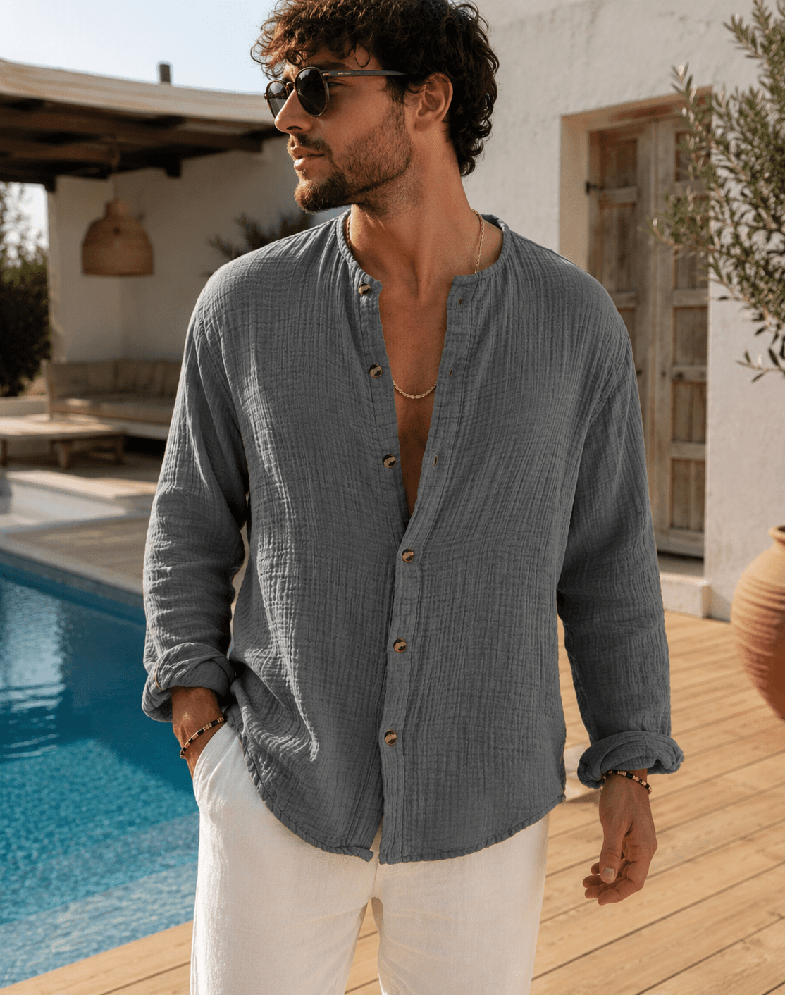 Men's Linen Cotton Long Sleeve Polo Shirt | Button Detail | CozyFits in Orange