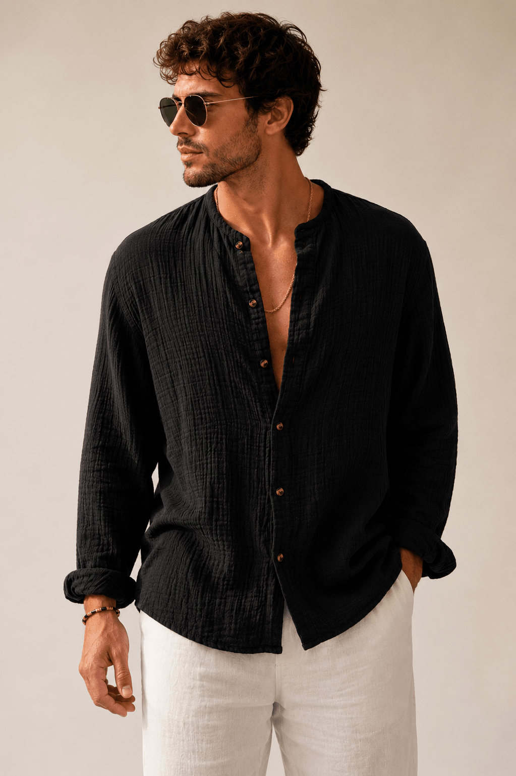 Men's Linen Cotton Long Sleeve Polo Shirt | Button Detail | CozyFits in Orange