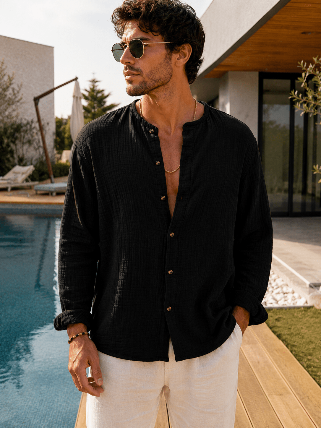 Men's Linen Cotton Long Sleeve Polo Shirt | Button Detail | CozyFits in Orange