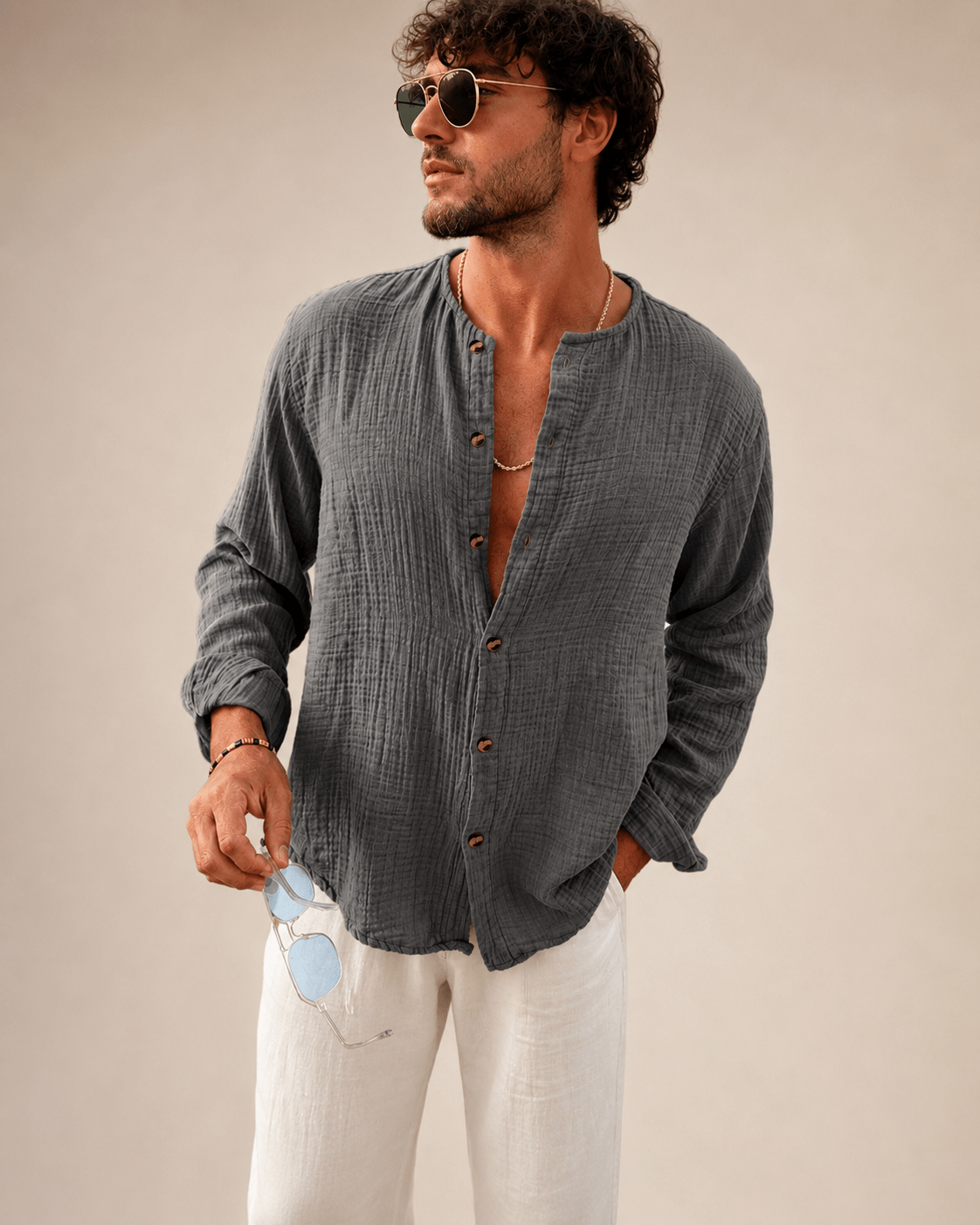 Men's Linen Cotton Long Sleeve Polo Shirt | Button Detail | CozyFits in Orange