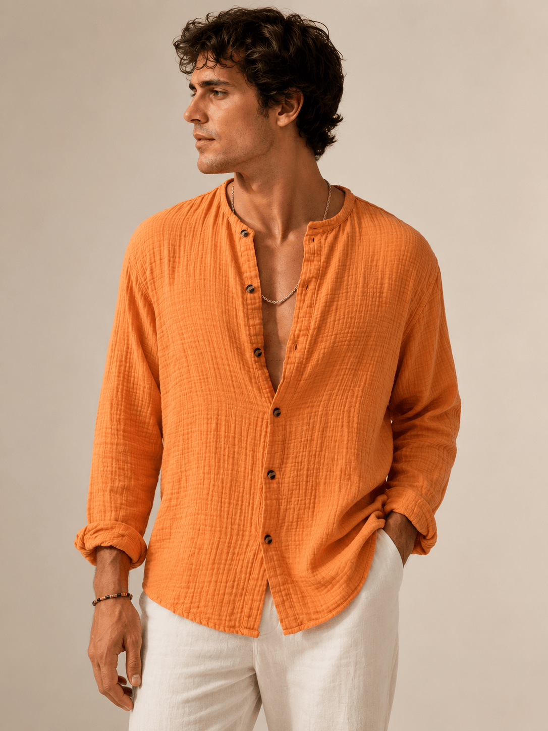 Men's Linen Cotton Long Sleeve Polo Shirt | Button Detail | CozyFits in Orange
