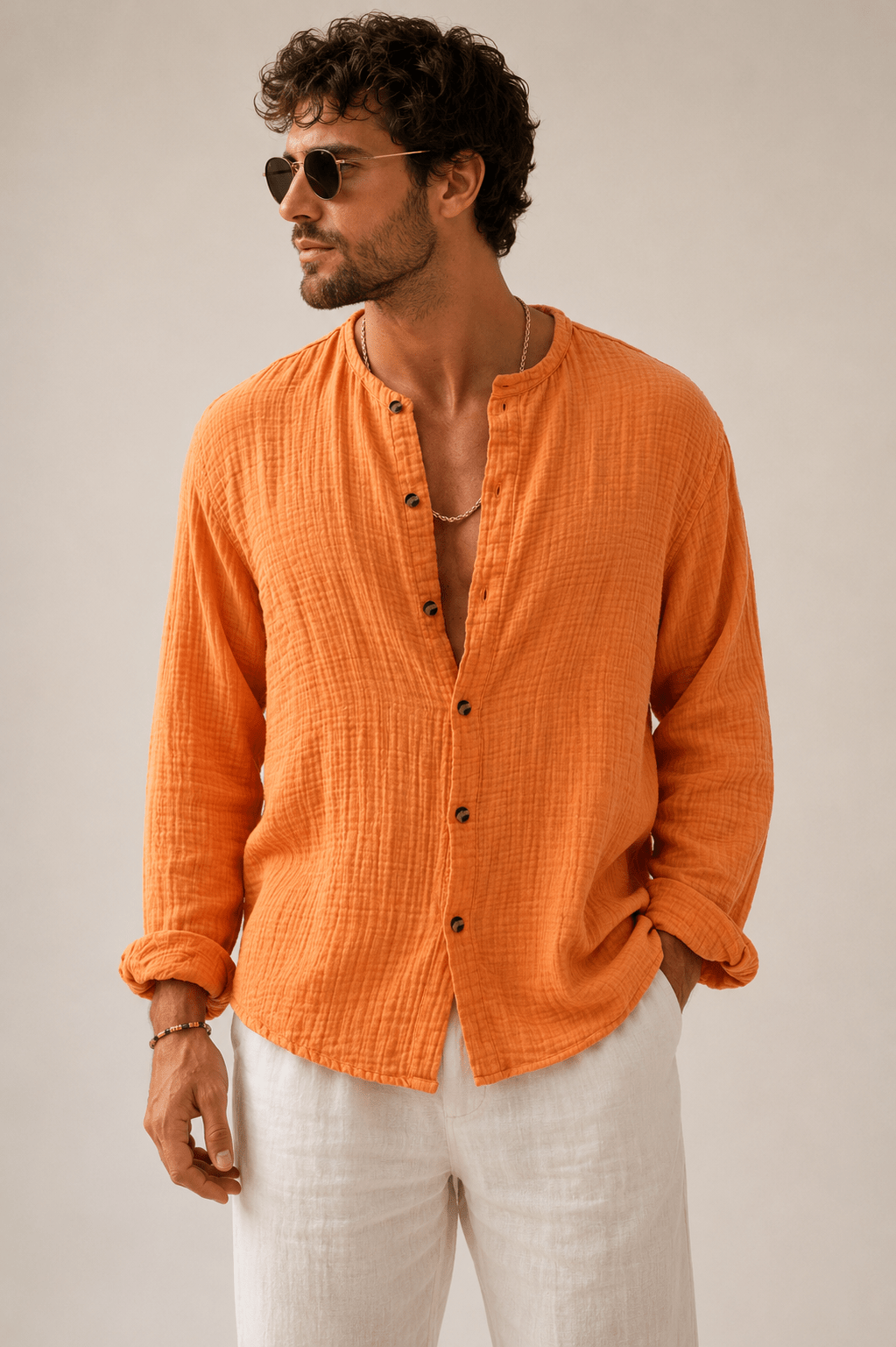 Men's Linen Cotton Long Sleeve Polo Shirt | Button Detail | CozyFits in Orange