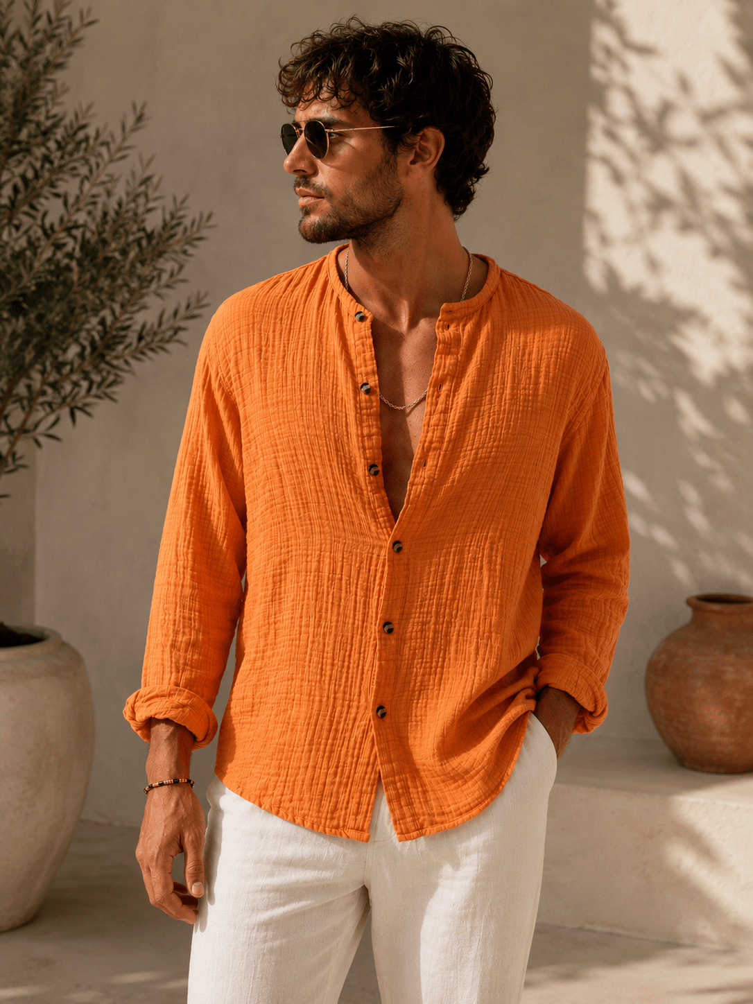 Men's Linen Cotton Long Sleeve Polo Shirt | Button Detail | CozyFits in Orange