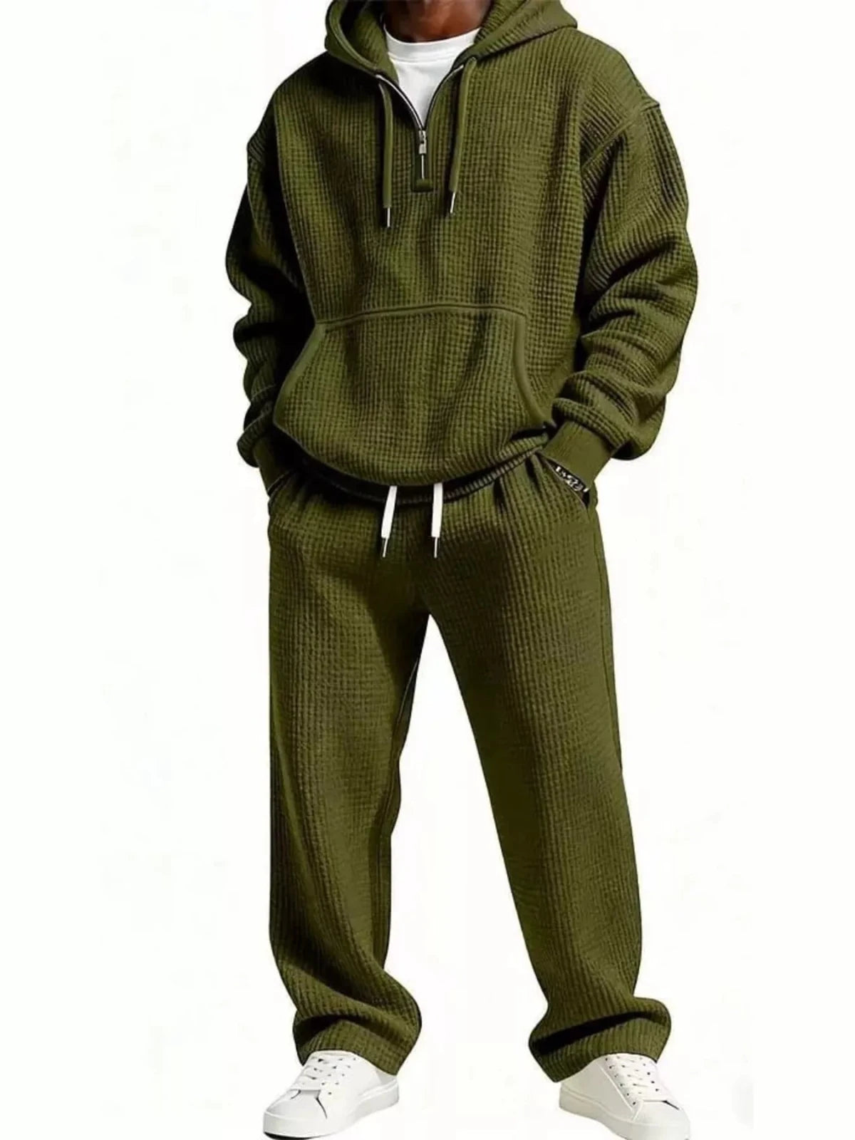 Men’s Oversized Waffle Knit Hoodie and Pants Set | CozyFits in Army Green