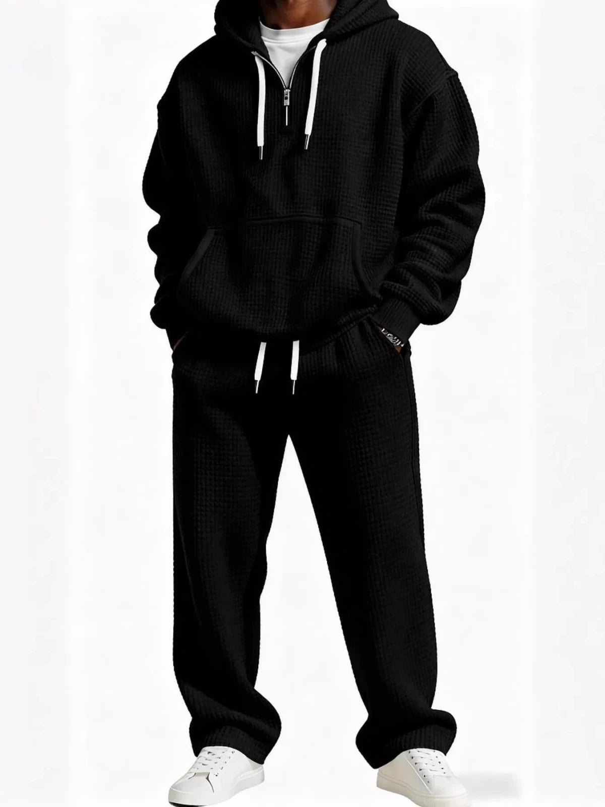 Men’s Oversized Waffle Knit Hoodie and Pants Set | CozyFits in Black