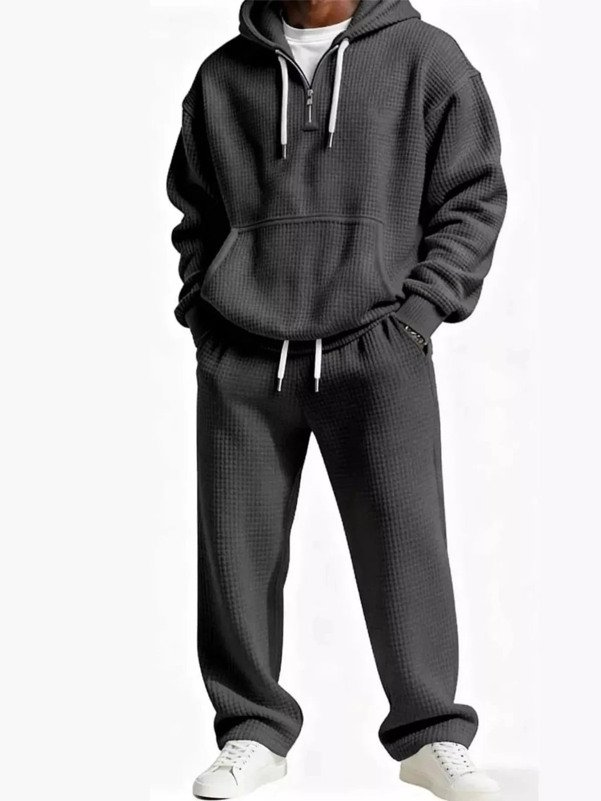 Men’s Oversized Waffle Knit Hoodie and Pants Set | CozyFits in Dark Gray