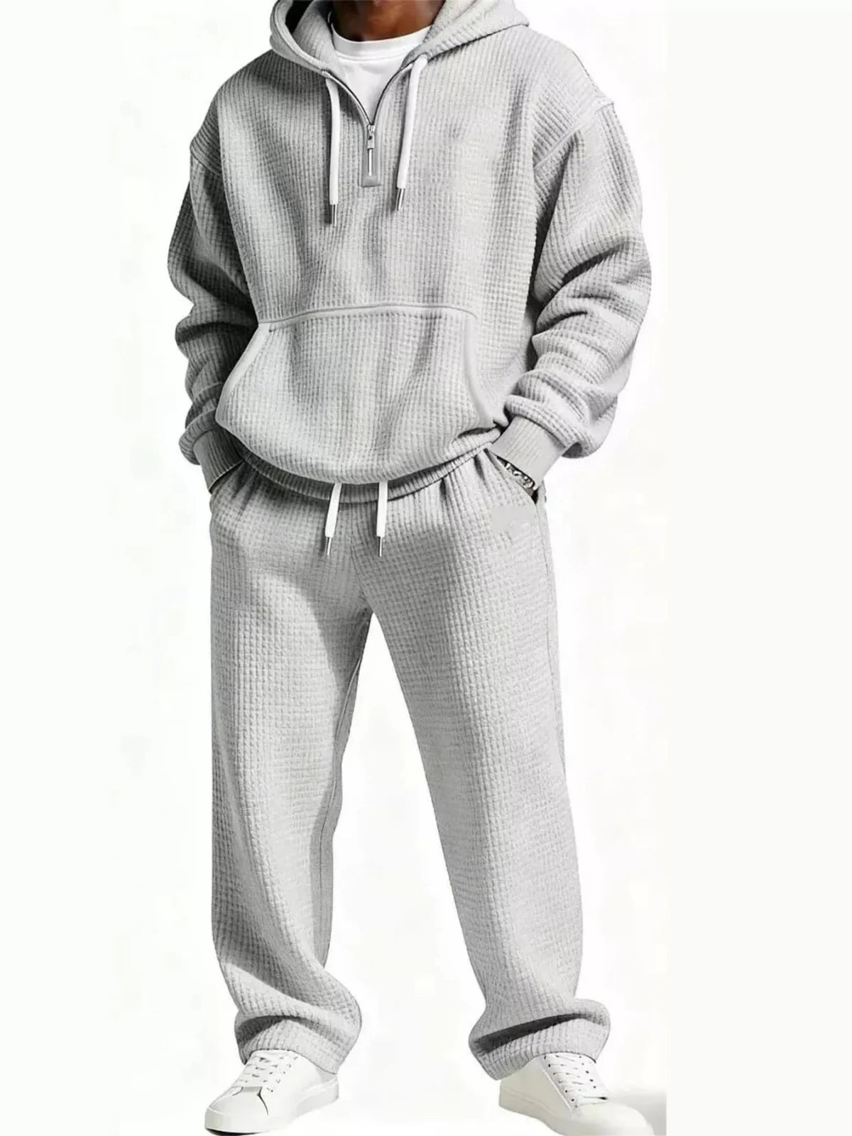 Men’s Oversized Waffle Knit Hoodie and Pants Set | CozyFits in Light Gray