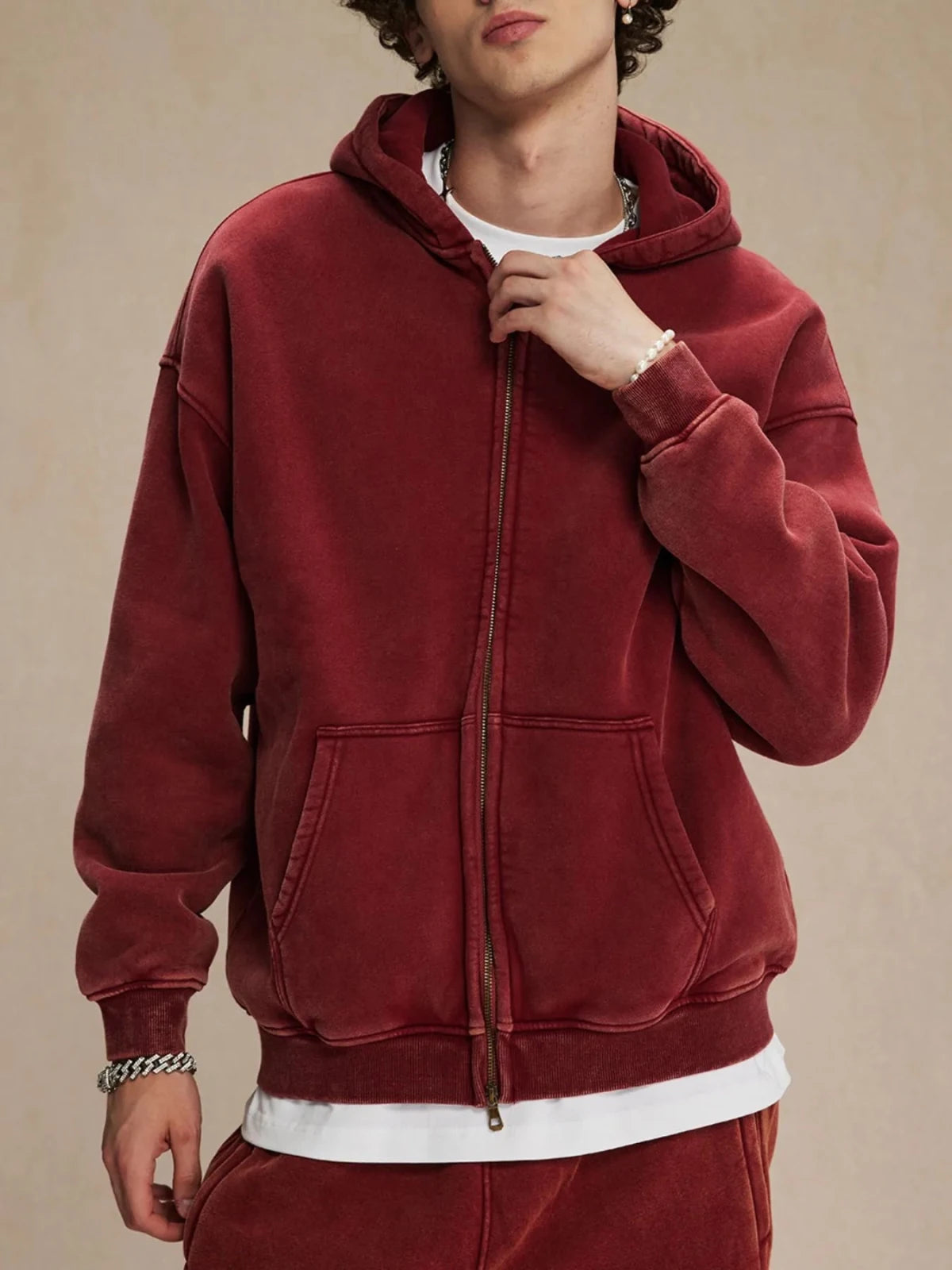 Men’s Oversized Zip - Up Hoodie with Kangaroo Pocket | CozyFits in Burgundy