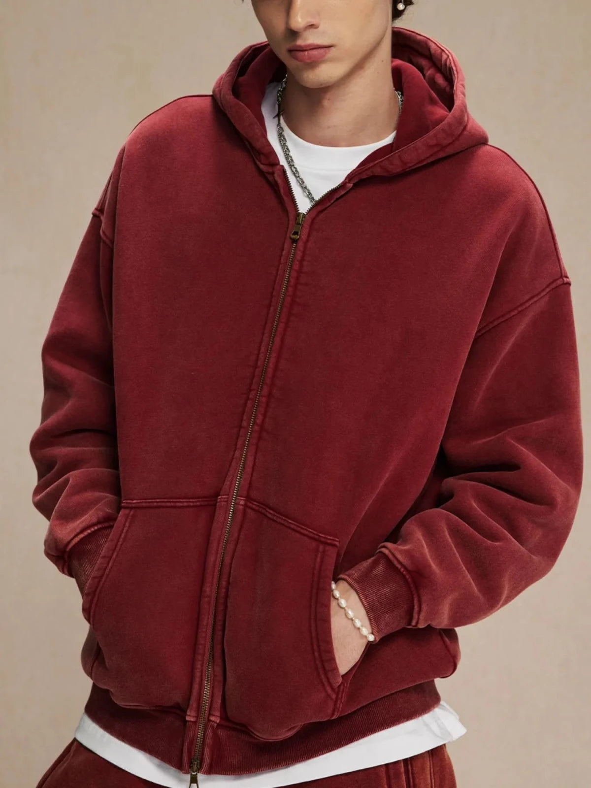 Men’s Oversized Zip - Up Hoodie with Kangaroo Pocket | CozyFits in Burgundy