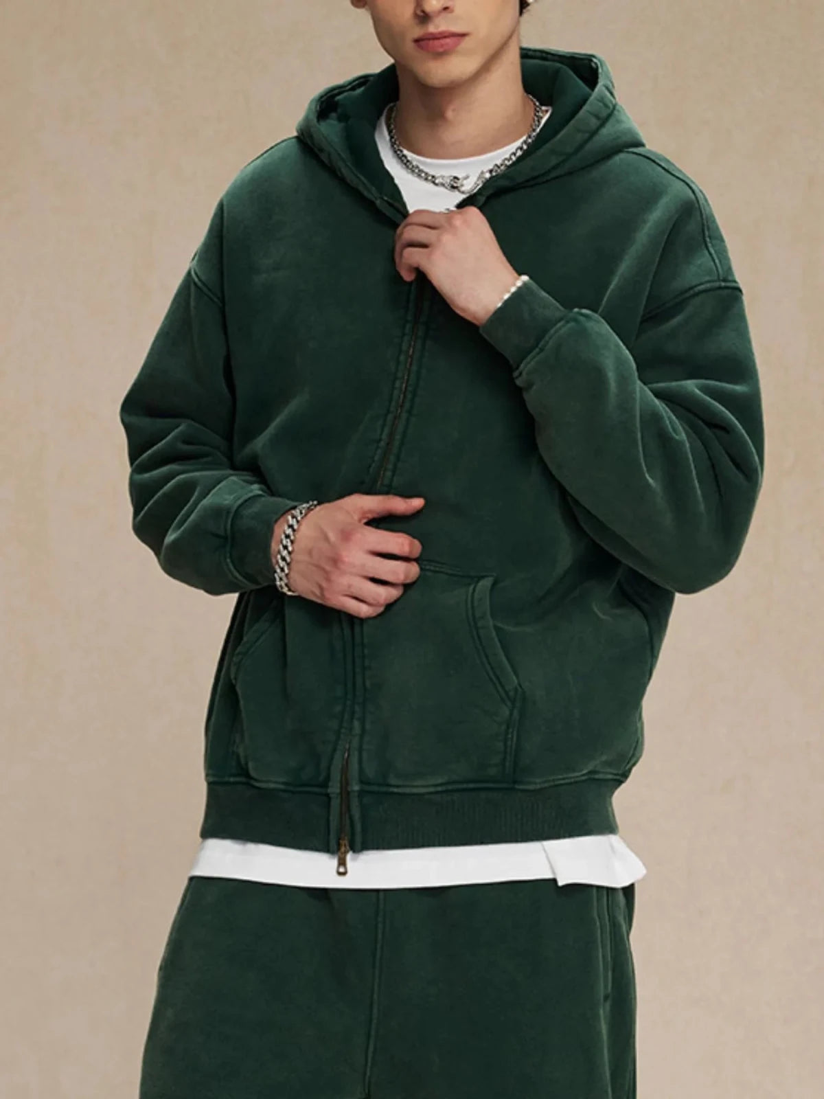 Men’s Oversized Zip - Up Hoodie with Kangaroo Pocket | CozyFits in Dark Green