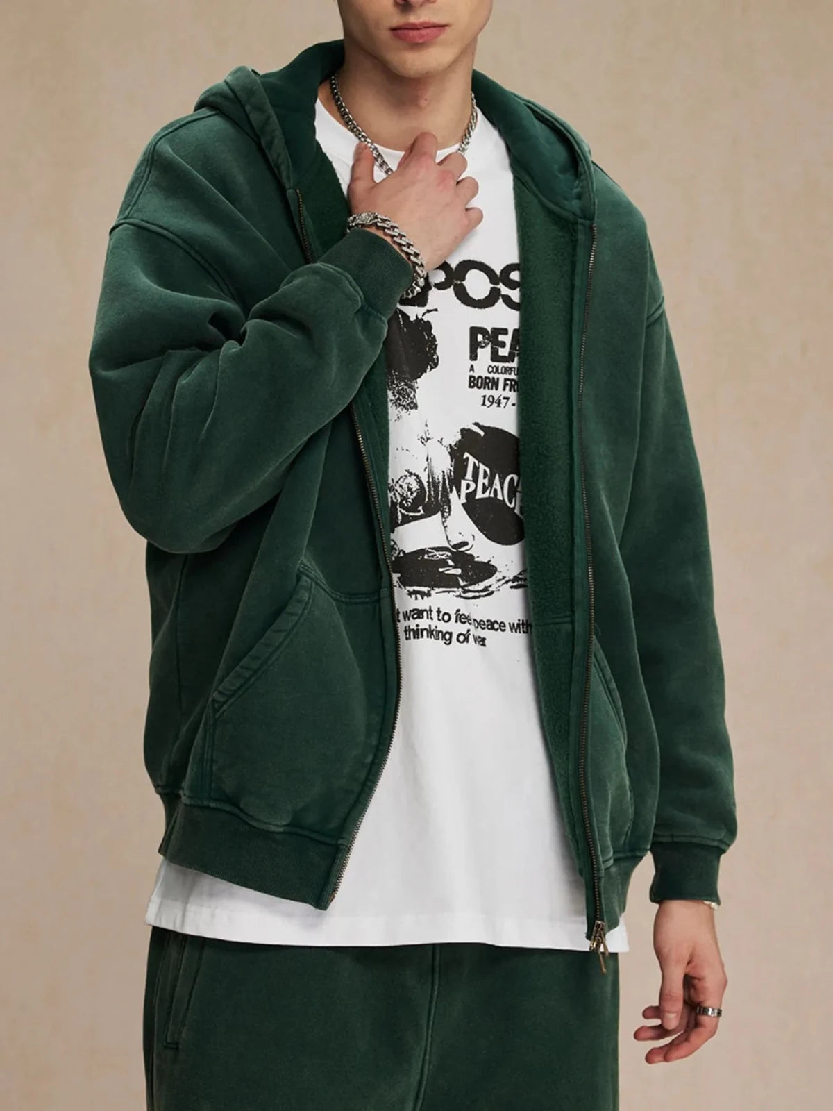 Men’s Oversized Zip - Up Hoodie with Kangaroo Pocket | CozyFits in Dark Green
