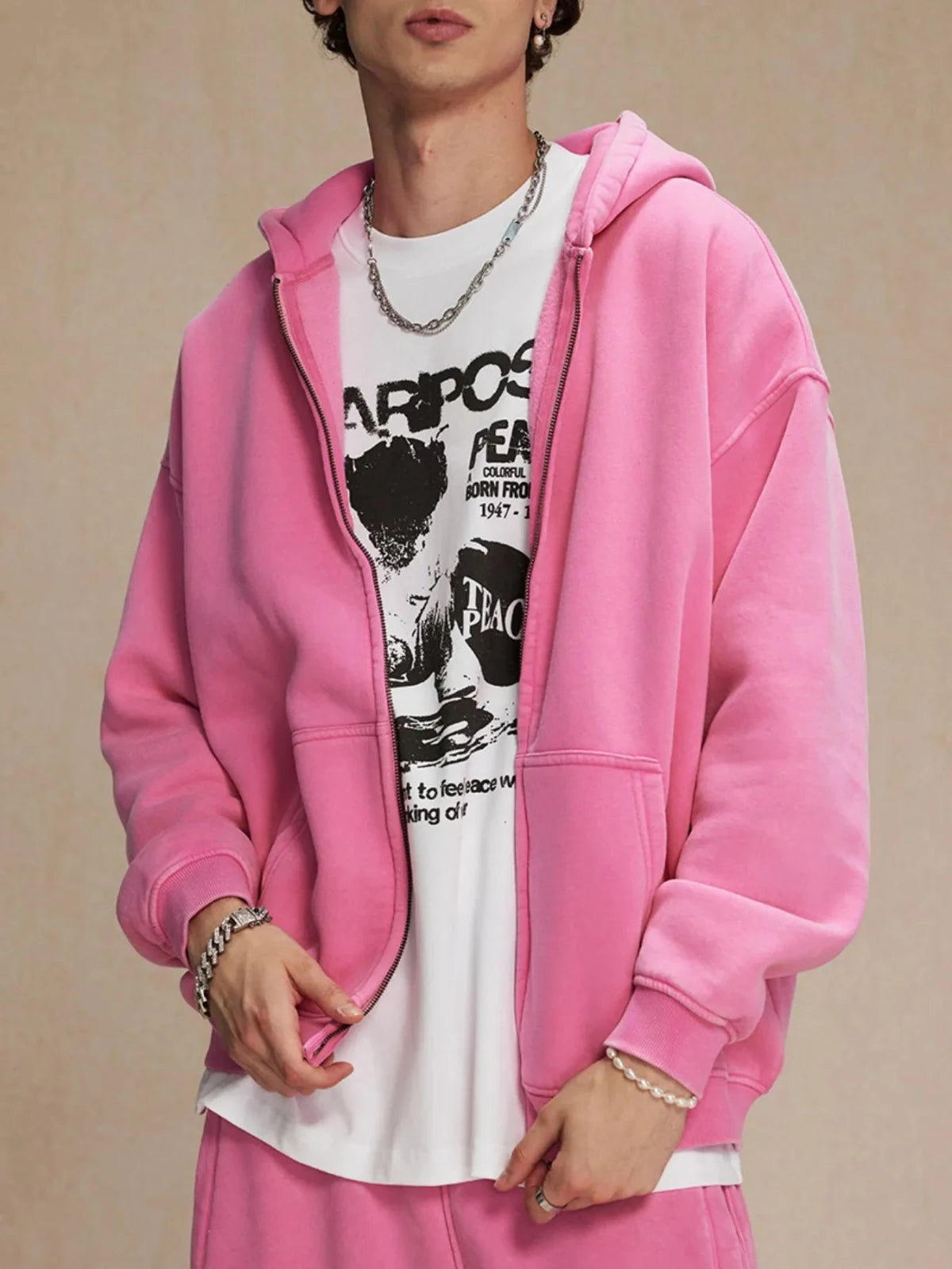 Men’s Oversized Zip - Up Hoodie with Kangaroo Pocket | CozyFits in Pink