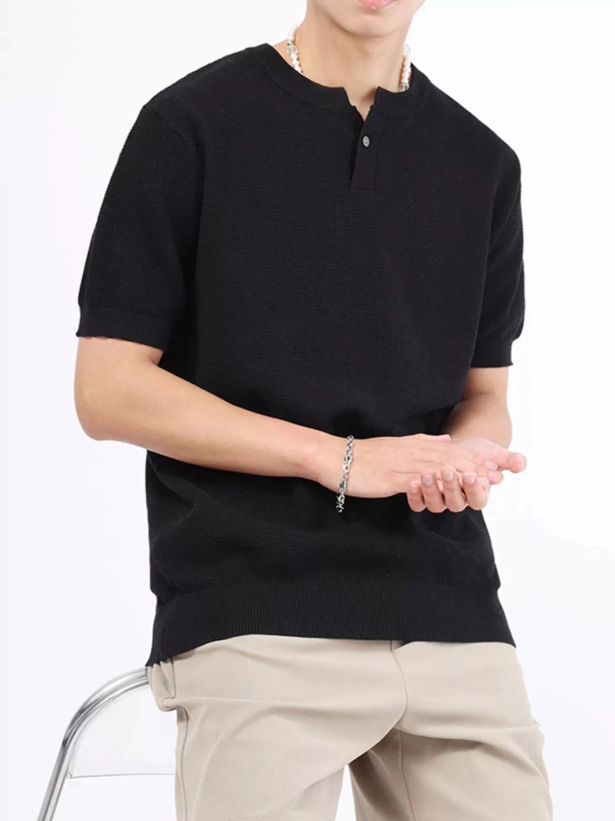 Men's Plus Size Casual Knitted Henley T-Shirt in Black