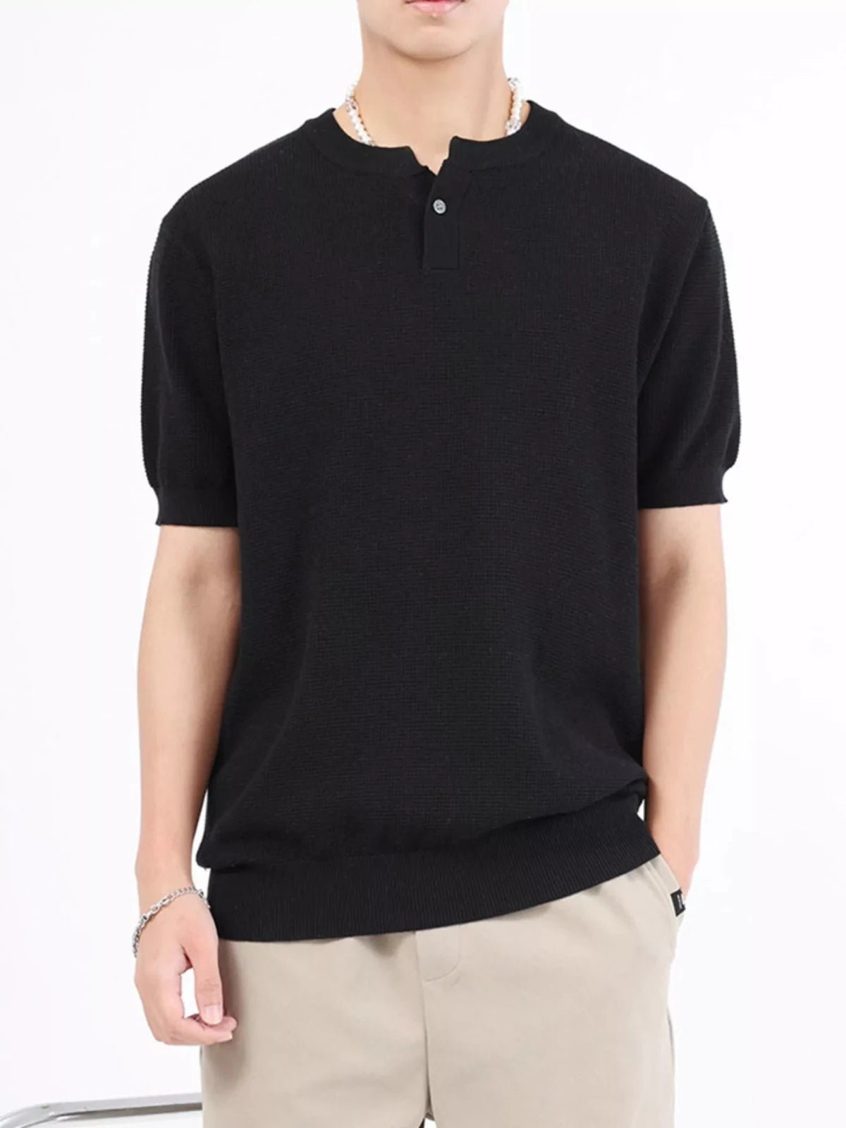 Men's Plus Size Casual Knitted Henley T-Shirt in Black